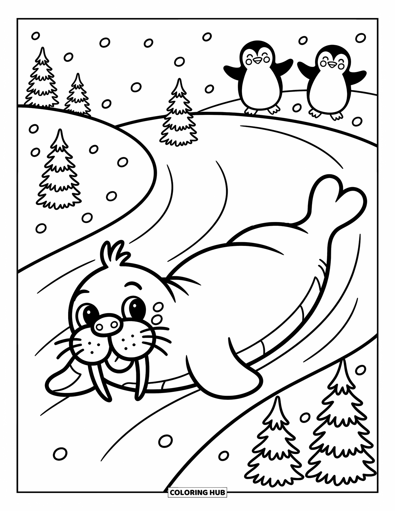 Walrus Coloring Page for Adults: Sliding walrus giggles on a snowy hill with penguins cheering behind