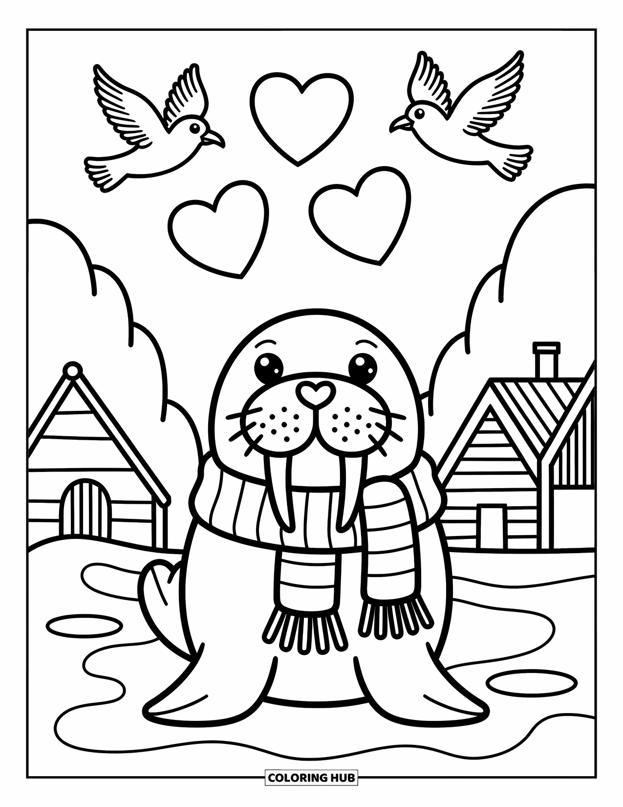 Walrus Coloring Page for Adults: Smiling walrus with a scarf looks at heart-shaped ice and curious seagulls