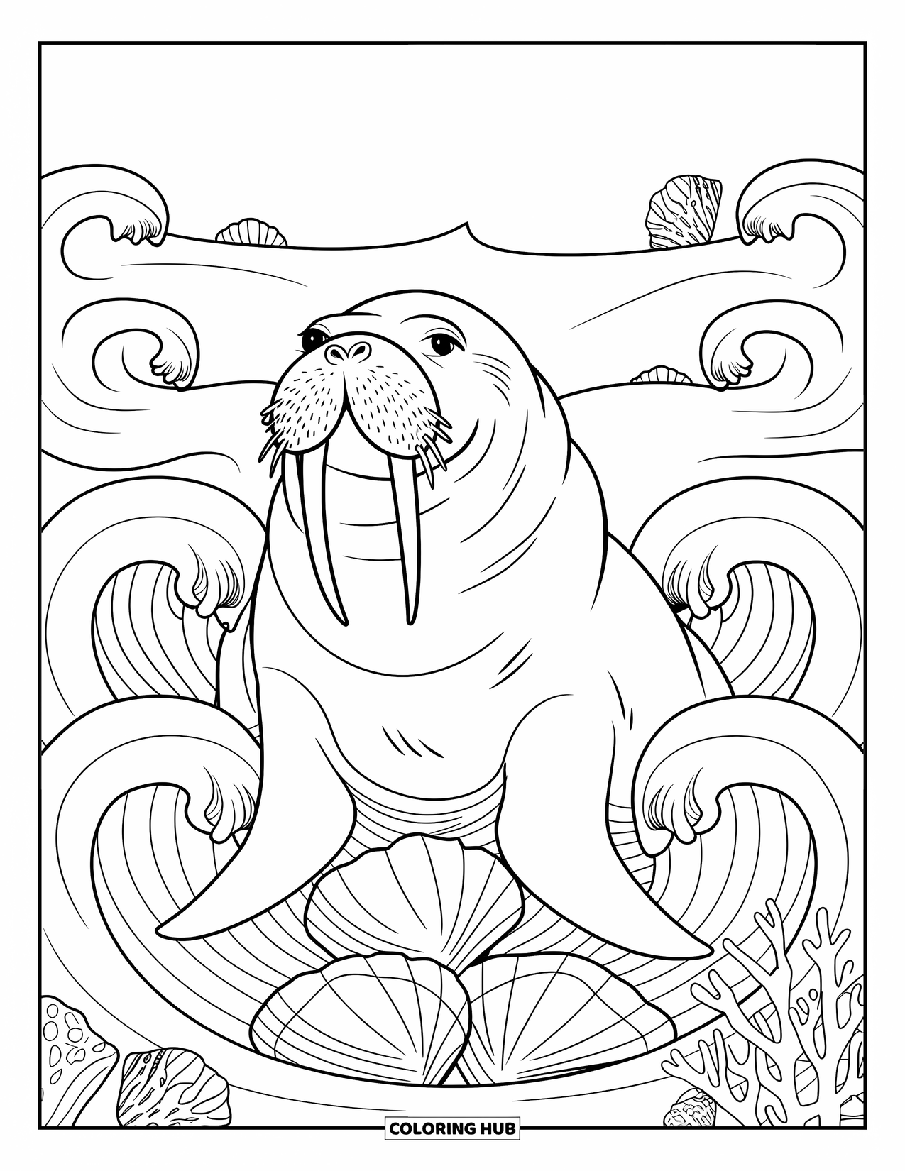 Walrus Coloring Page for Adults: Walrus lifts from flowing waves with corals and gentle seashells