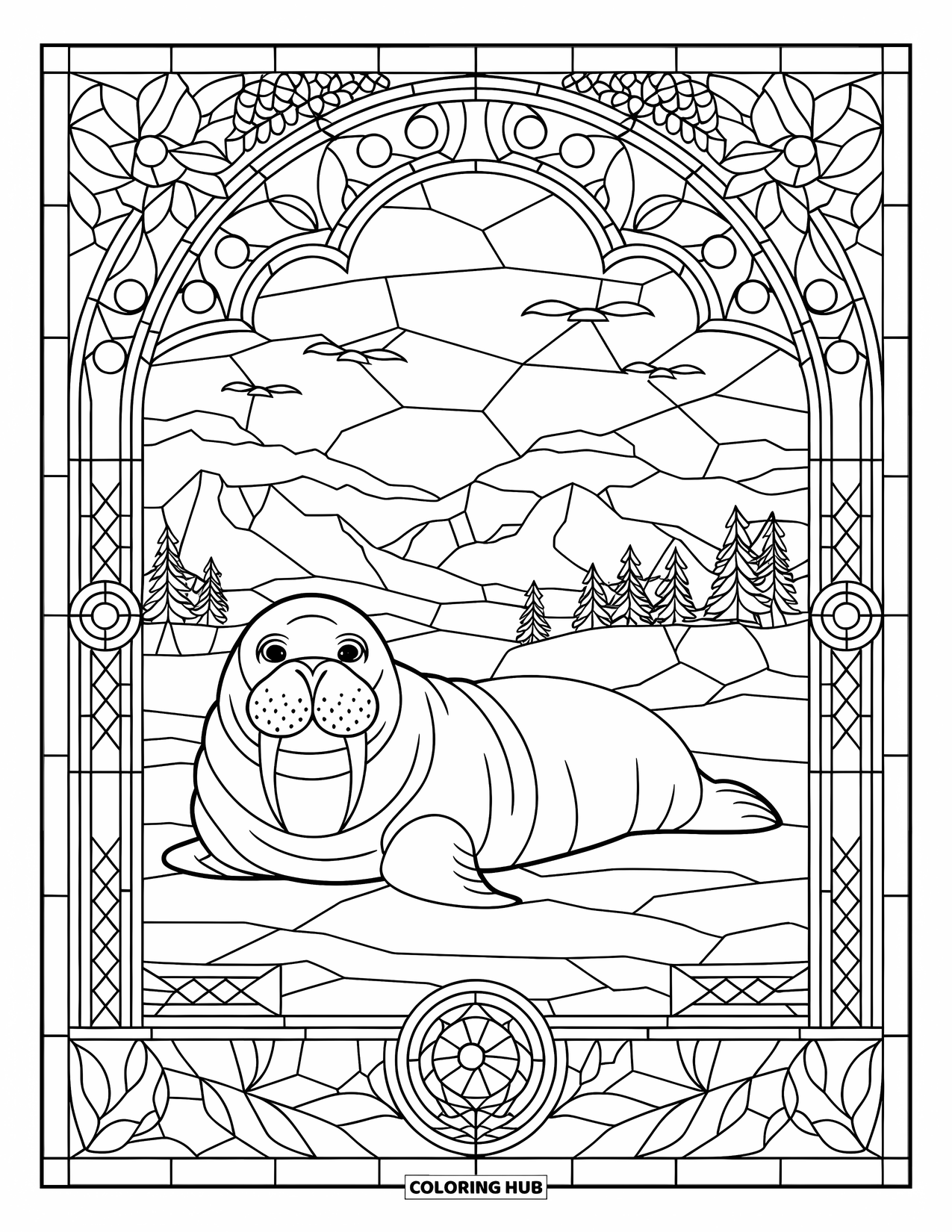 Walrus Coloring Page for Adults: Walrus relaxes as arctic creatures and patterns surround in stained-glass style