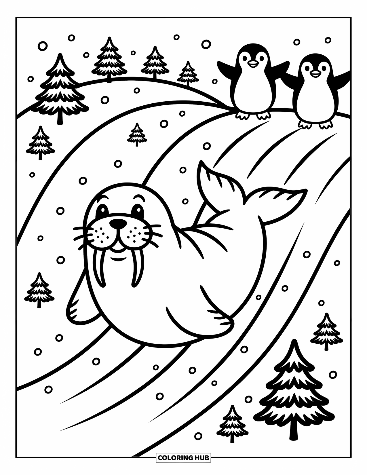 Walrus Coloring Page for Adults: Walrus slides belly-first in snow as penguins cheer on from the hill