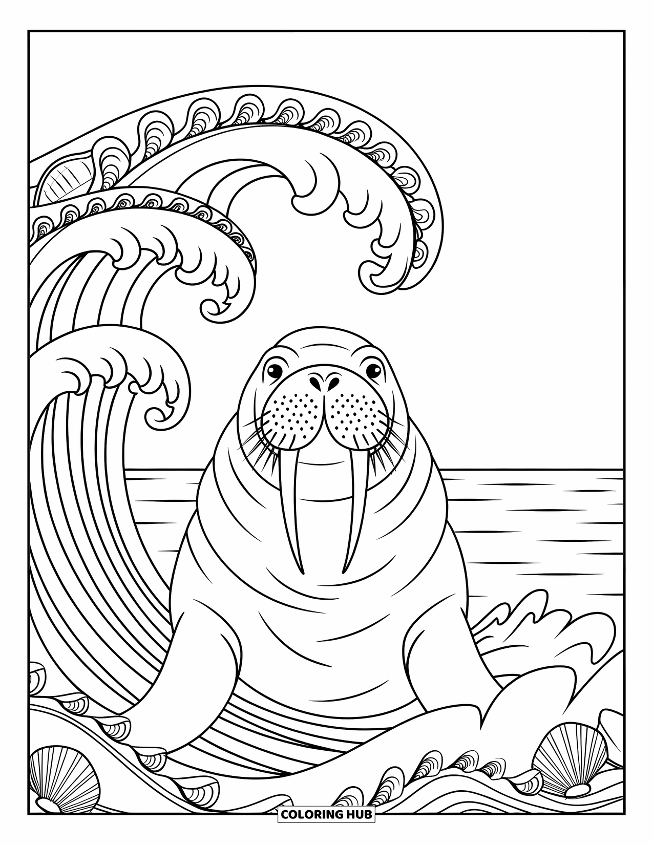 Walrus Coloring Page for Adults: Walrus surfaces through peaceful waves framed by shell and coral patterns