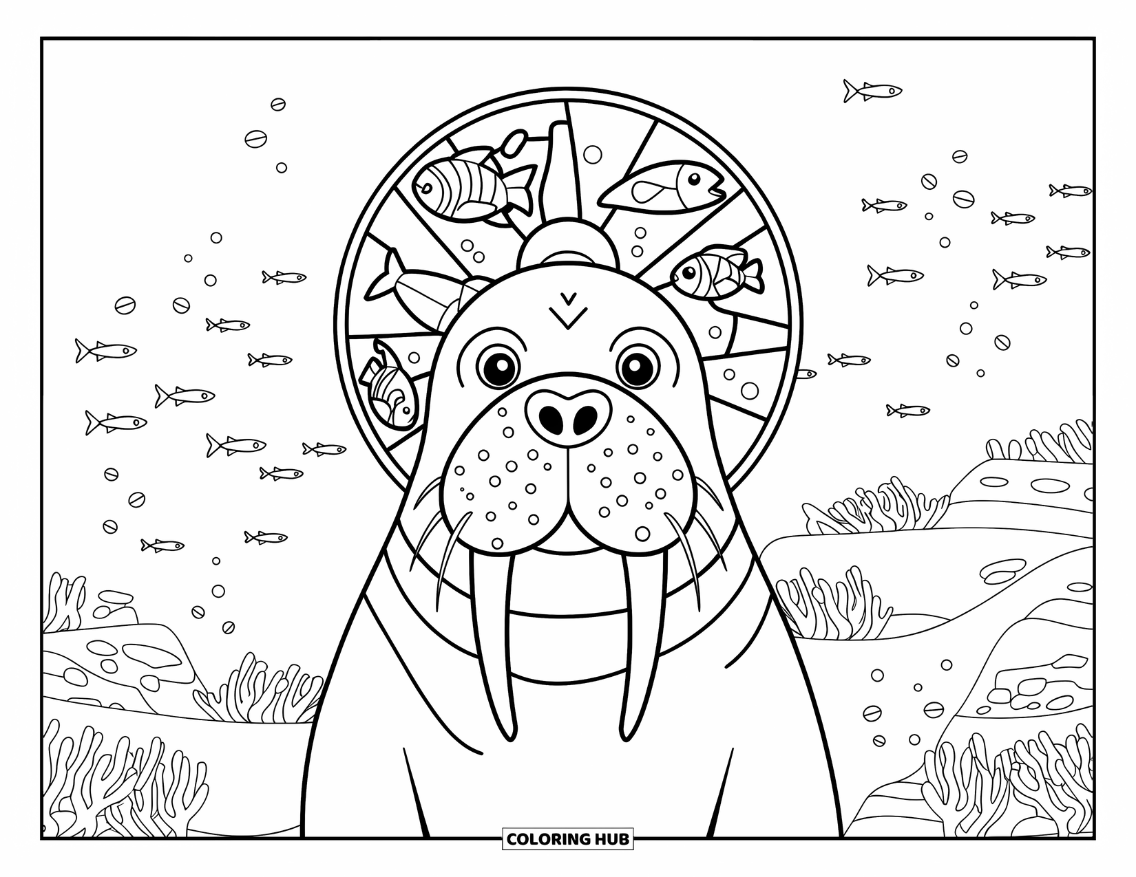 Walrus Coloring Page for Adults: Wise walrus with a stained-glass halo sits calmly among fish and coral