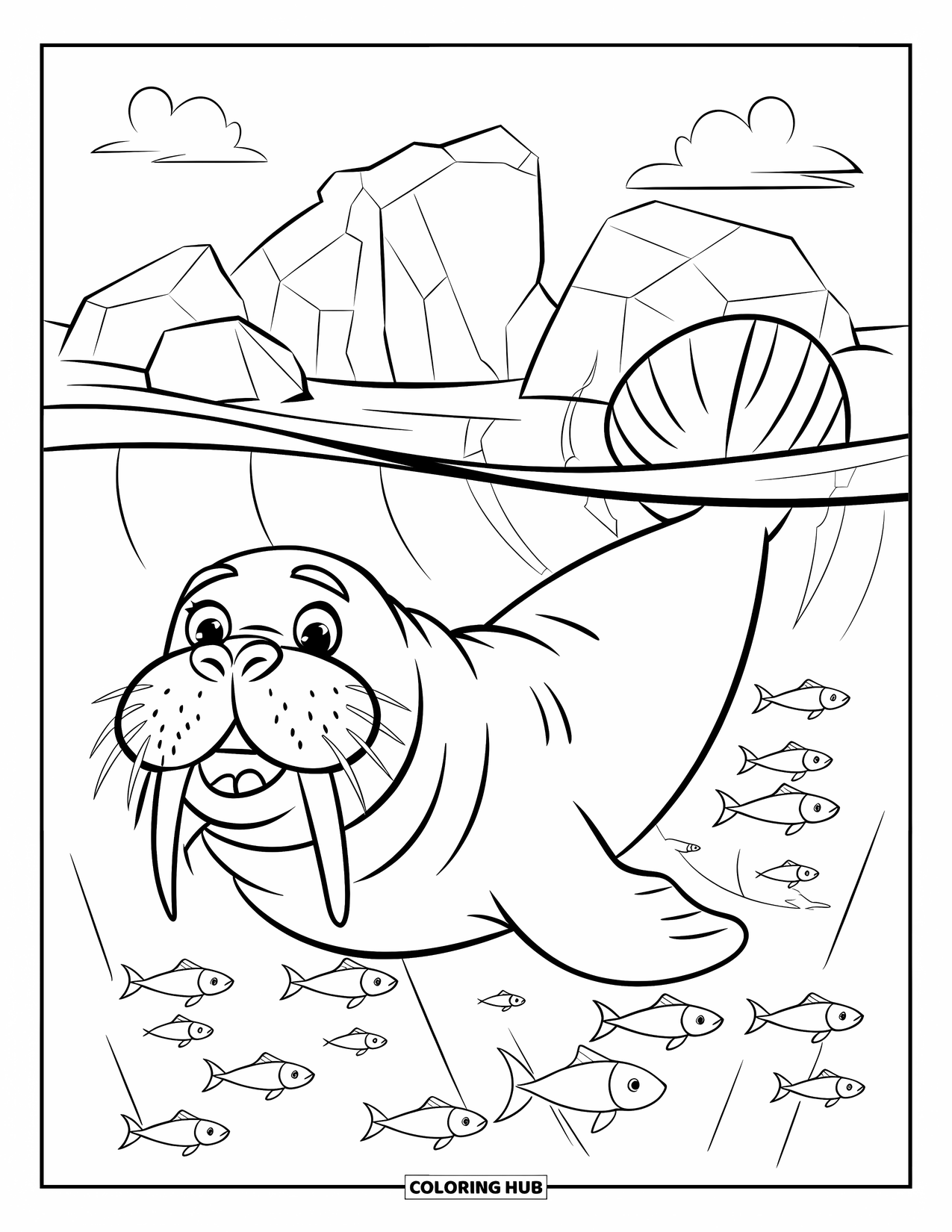 Walrus Coloring Page for Kids: Big-tusked walrus swims joyfully with fish and icy skies above