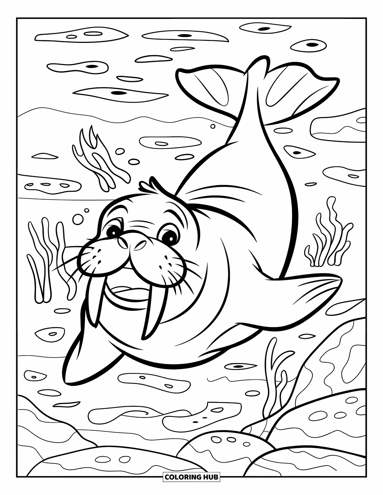 Walrus Coloring Page for Kids: Cheerful walrus swims among seaweed and rocks in the ocean