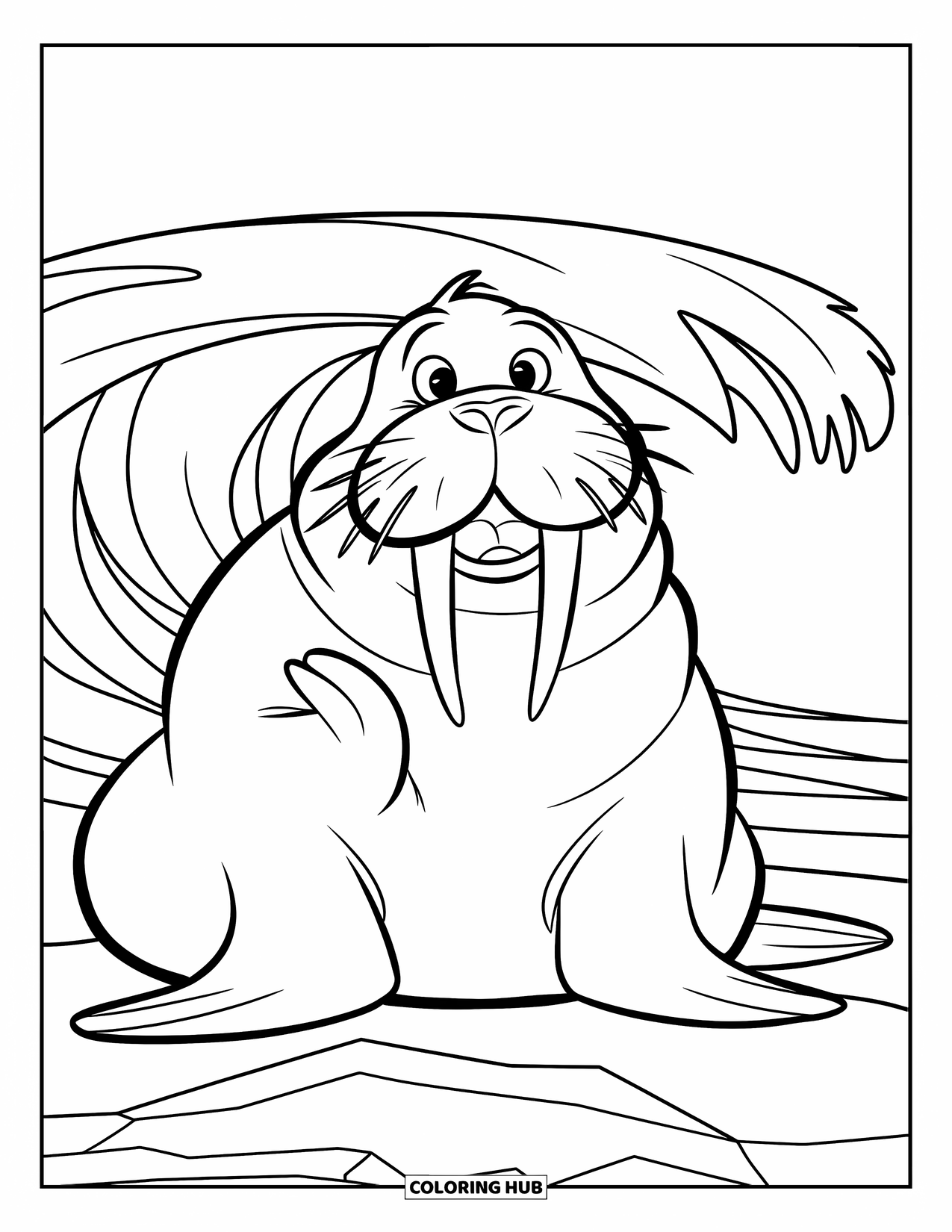 Walrus Coloring Page for Kids: Cheerful walrus waves while sitting by the sea