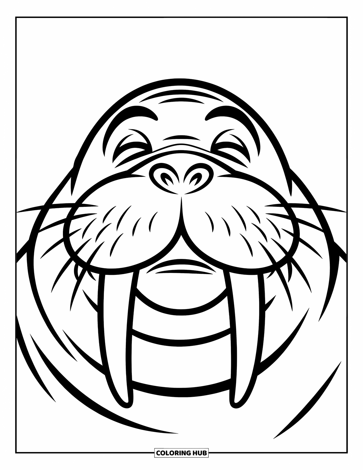 Walrus Coloring Page for Kids: Close-up of a smiling walrus with long tusks and whiskers