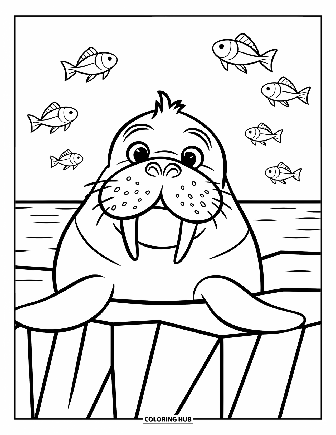 Walrus Coloring Page for Kids: Curious walrus peeks over an iceberg while fish leap nearby