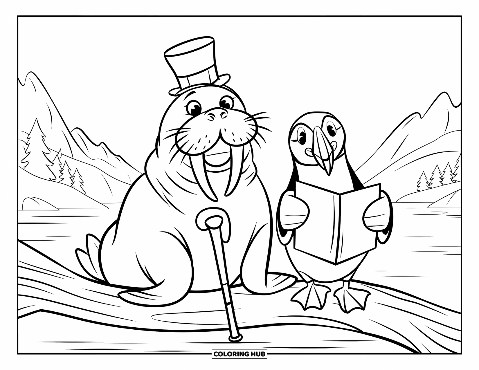Walrus Coloring Page for Kids: Fancy walrus and puffin sharing a moment by calm mountain waters