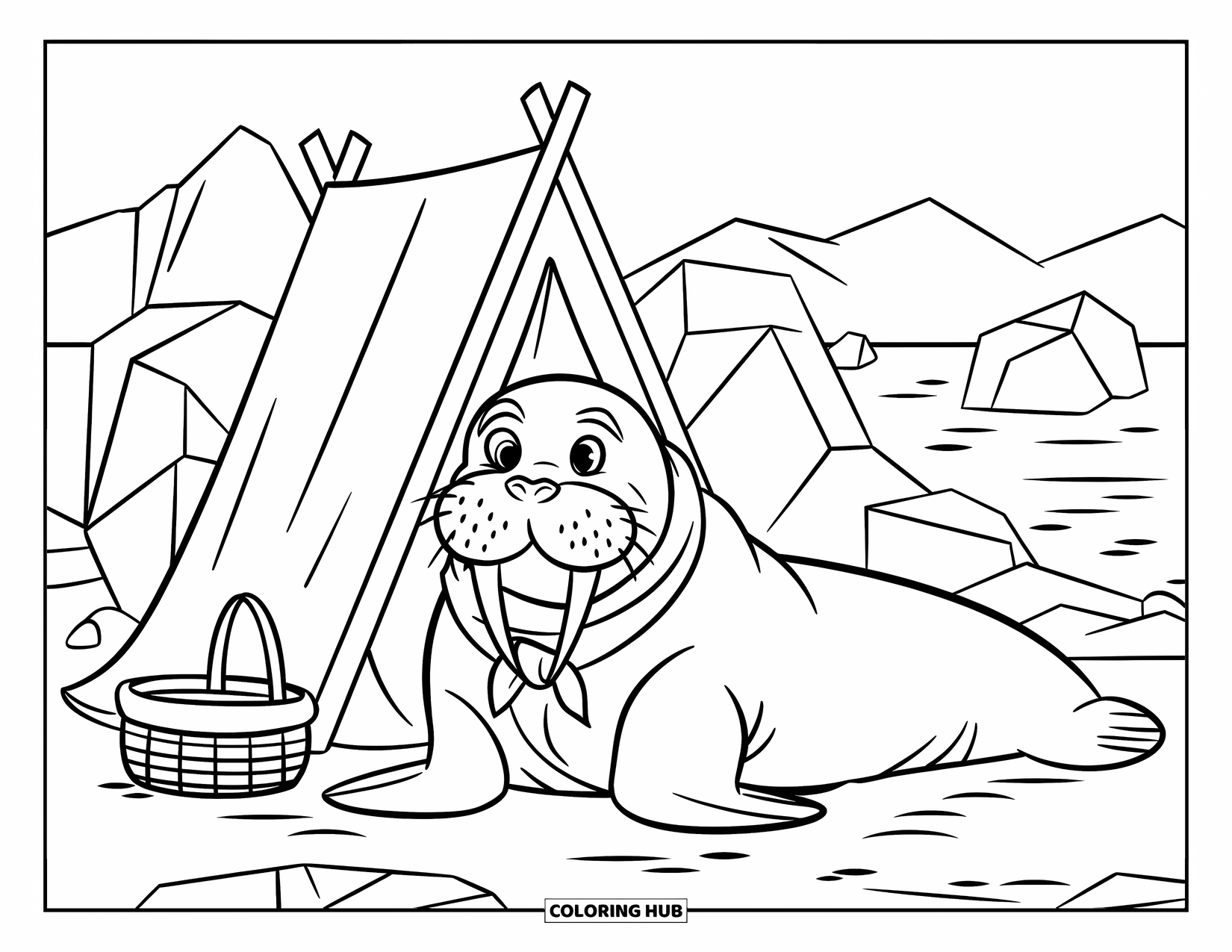 Walrus Coloring Page for Kids: Friendly walrus lounging by a cozy tent with fish and mountains