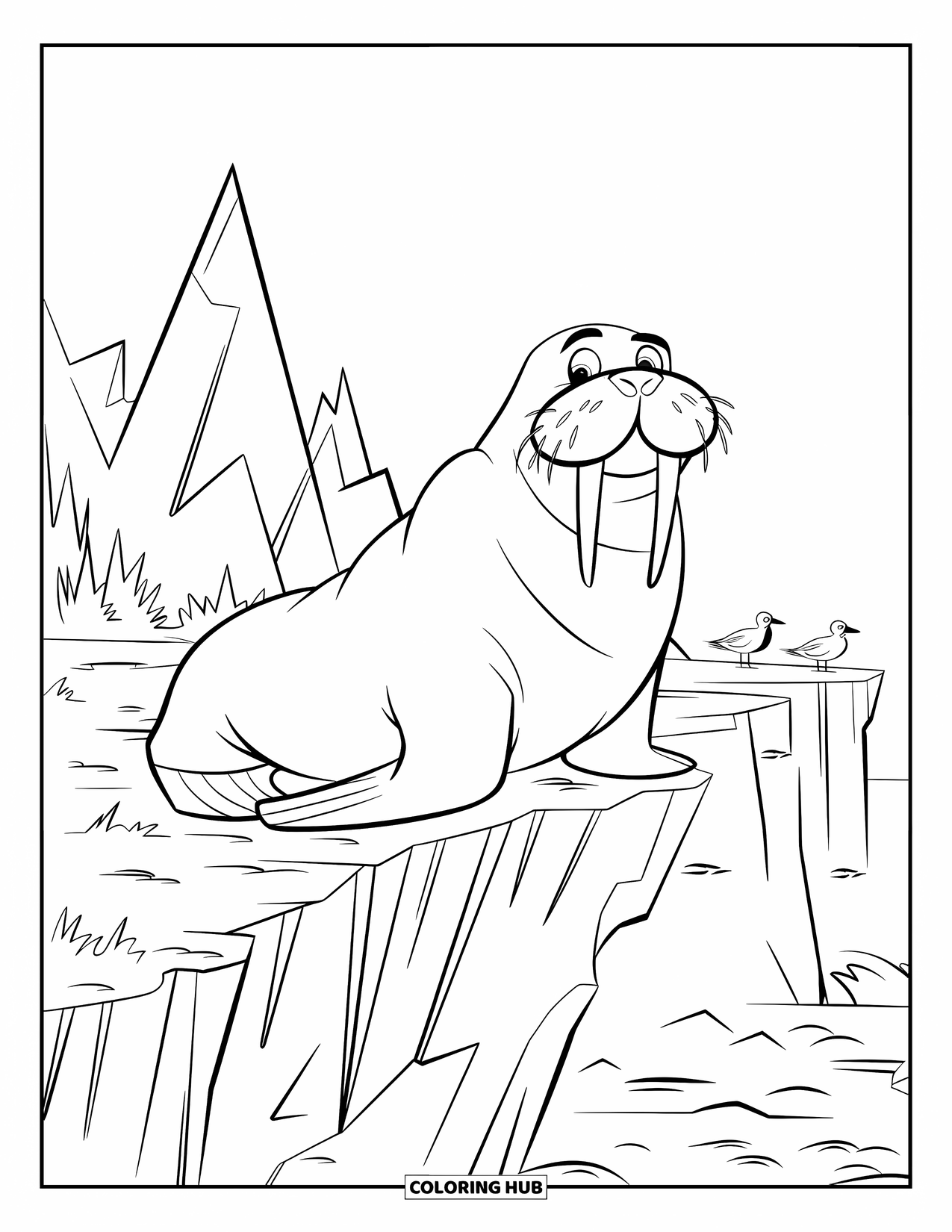 Walrus Coloring Page for Kids: Happy walrus on a cliff smiling with icy cliffs and birds nearby