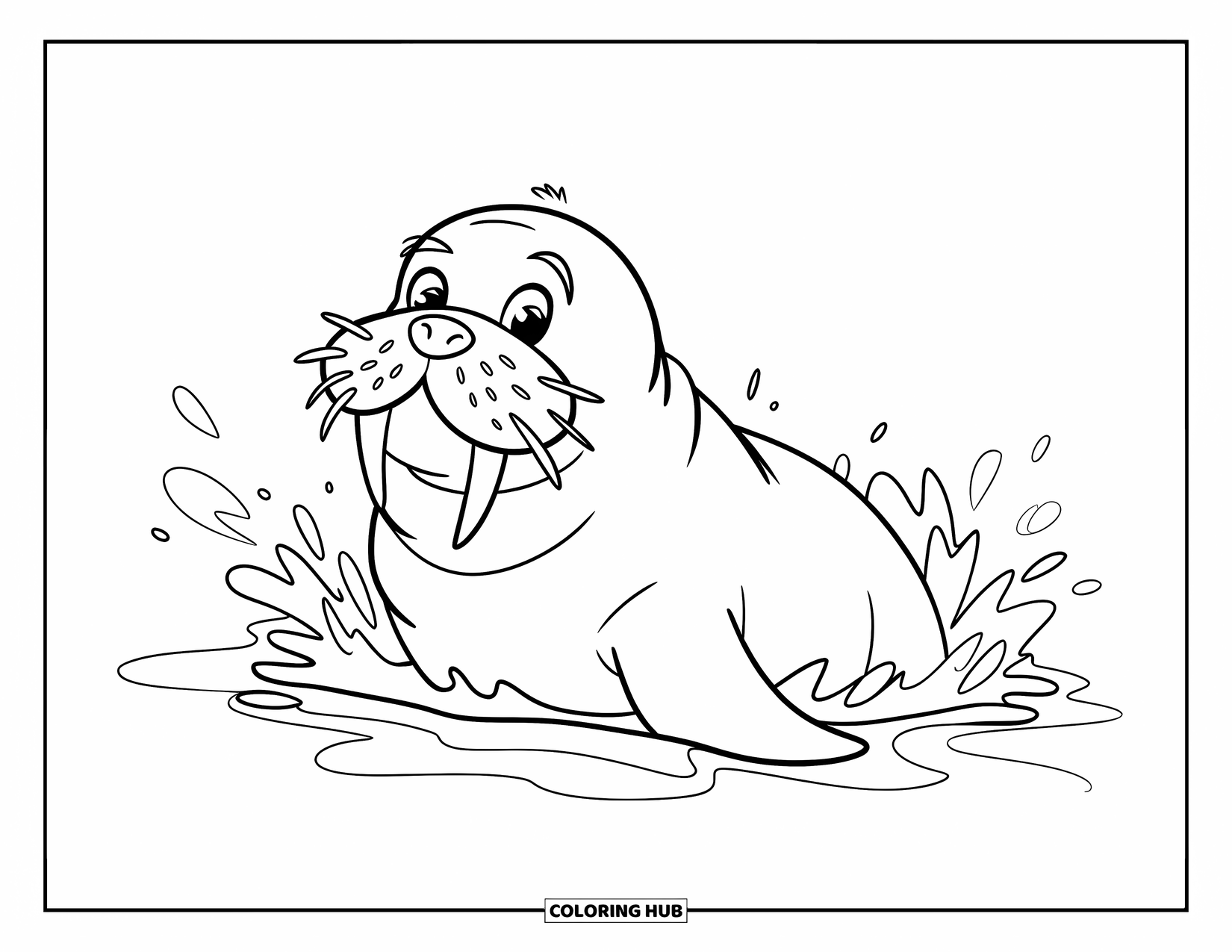 Walrus Coloring Page for Kids: Happy walrus splashes in the water with soft waves around