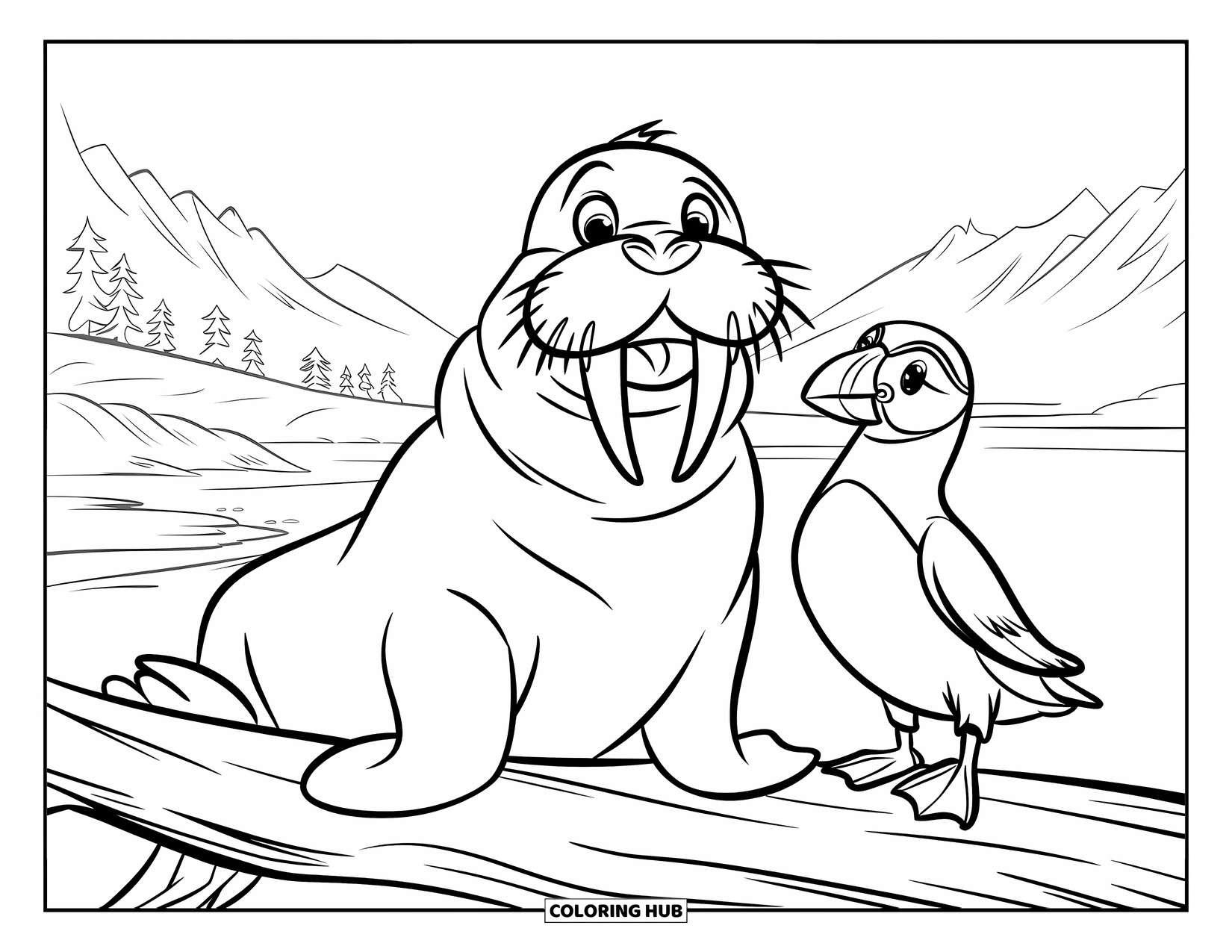 Walrus Coloring Page for Kids: Smiling walrus and puffin resting peacefully on a piece of driftwood
