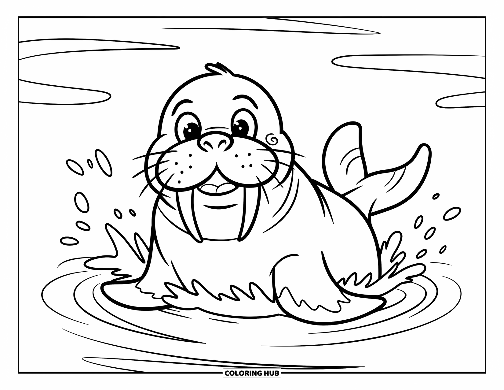 Walrus Coloring Page for Kids: Smiling walrus gently splashes in calm, wavy water