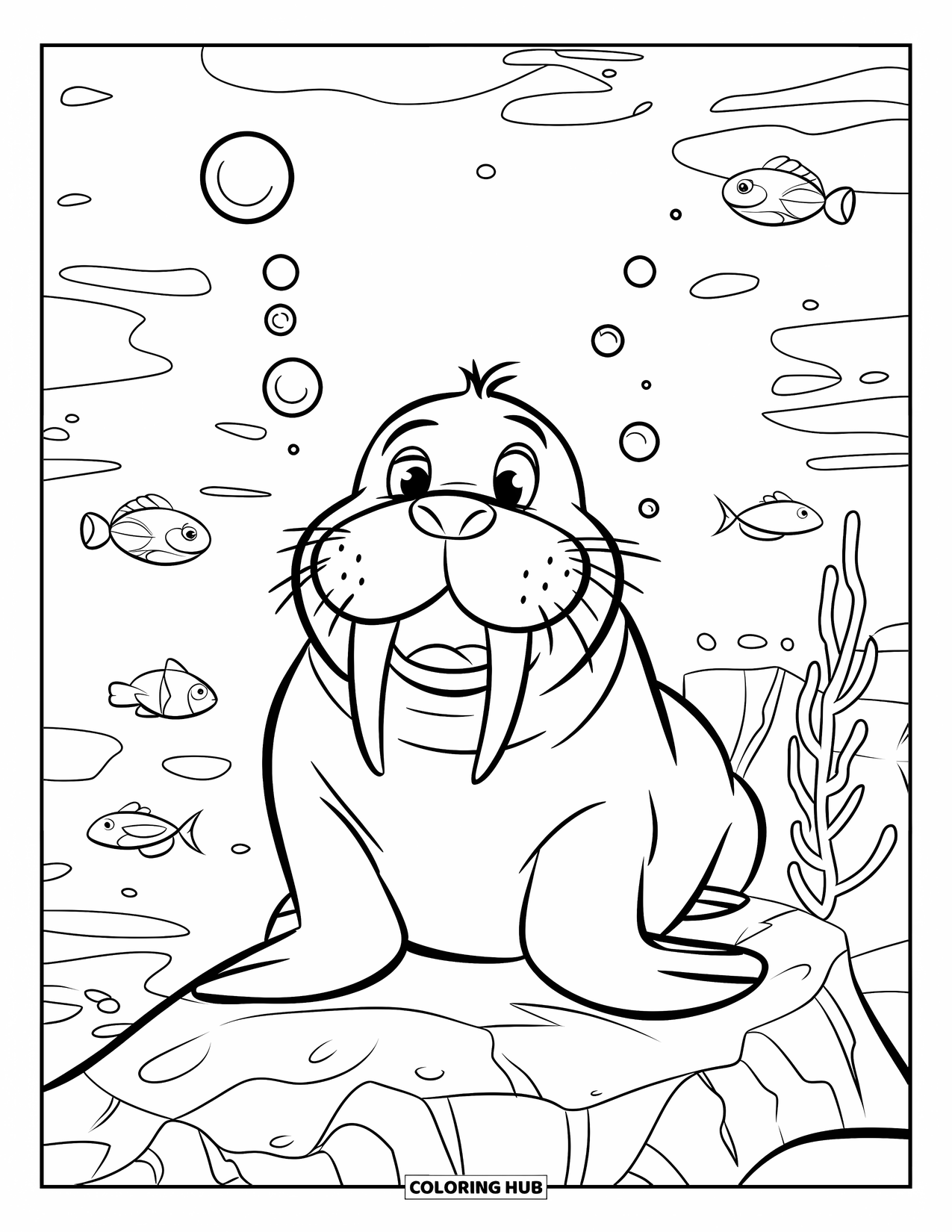 Walrus Coloring Page for Kids: Smiling walrus on a rock blowing bubbles in the ocean