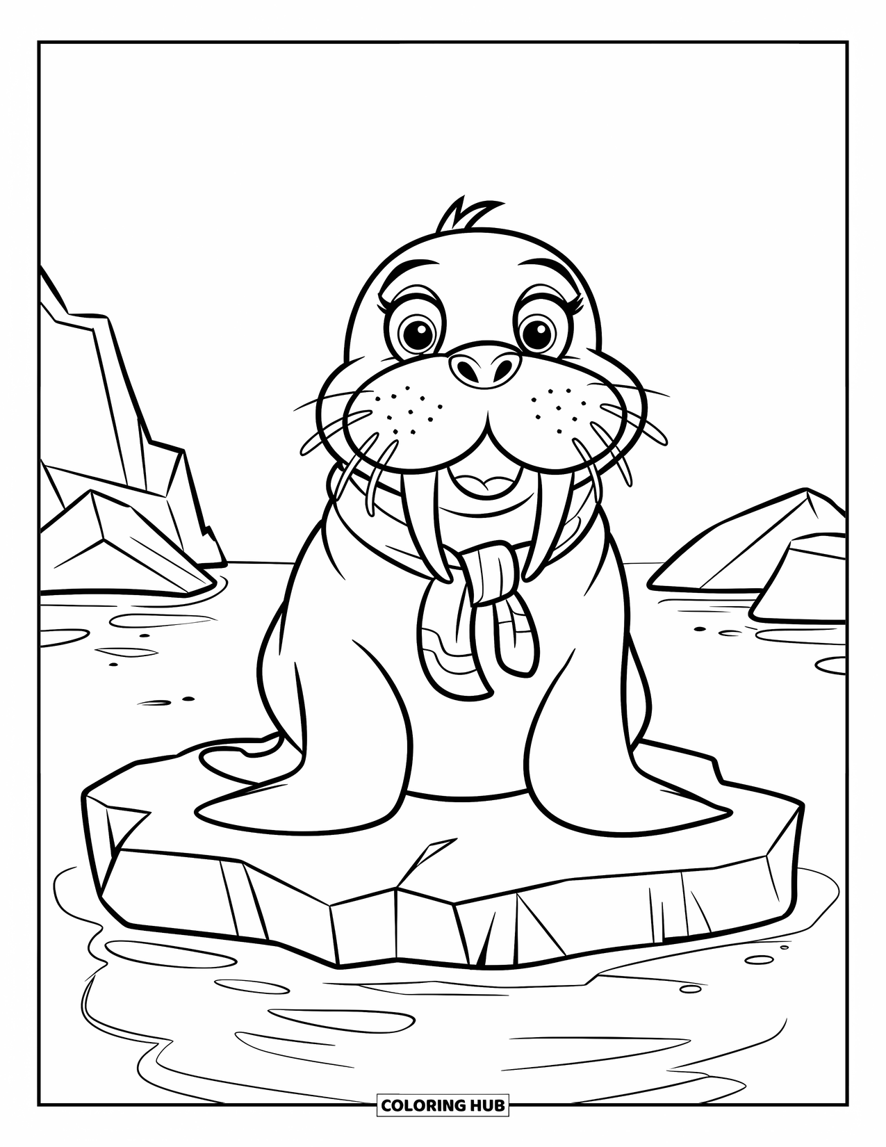 Walrus Coloring Page for Kids: Smiling walrus with a scarf sits on a cracked iceberg