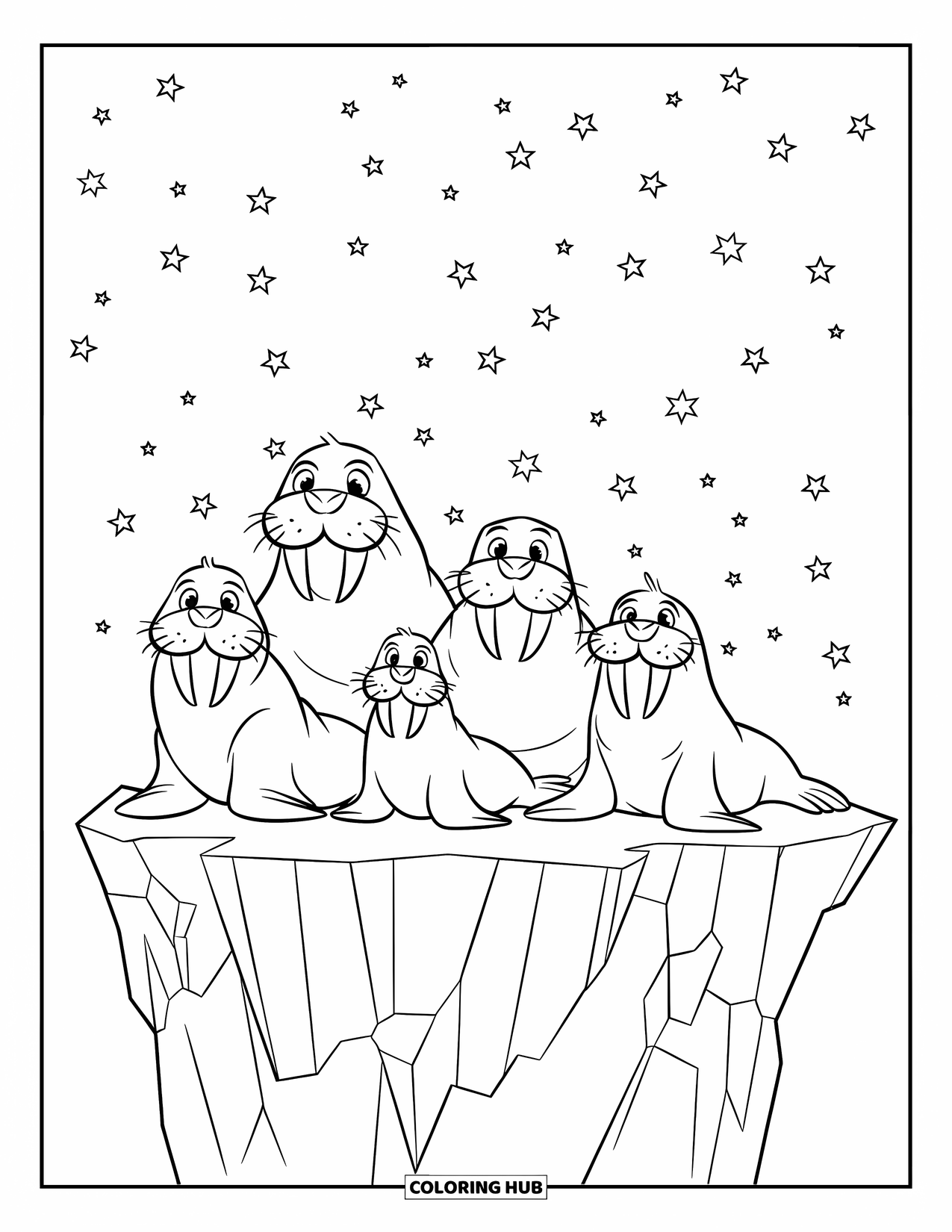 Walrus Coloring Page for Kids: Three walruses cuddle on a cracked iceberg beneath a starry sky