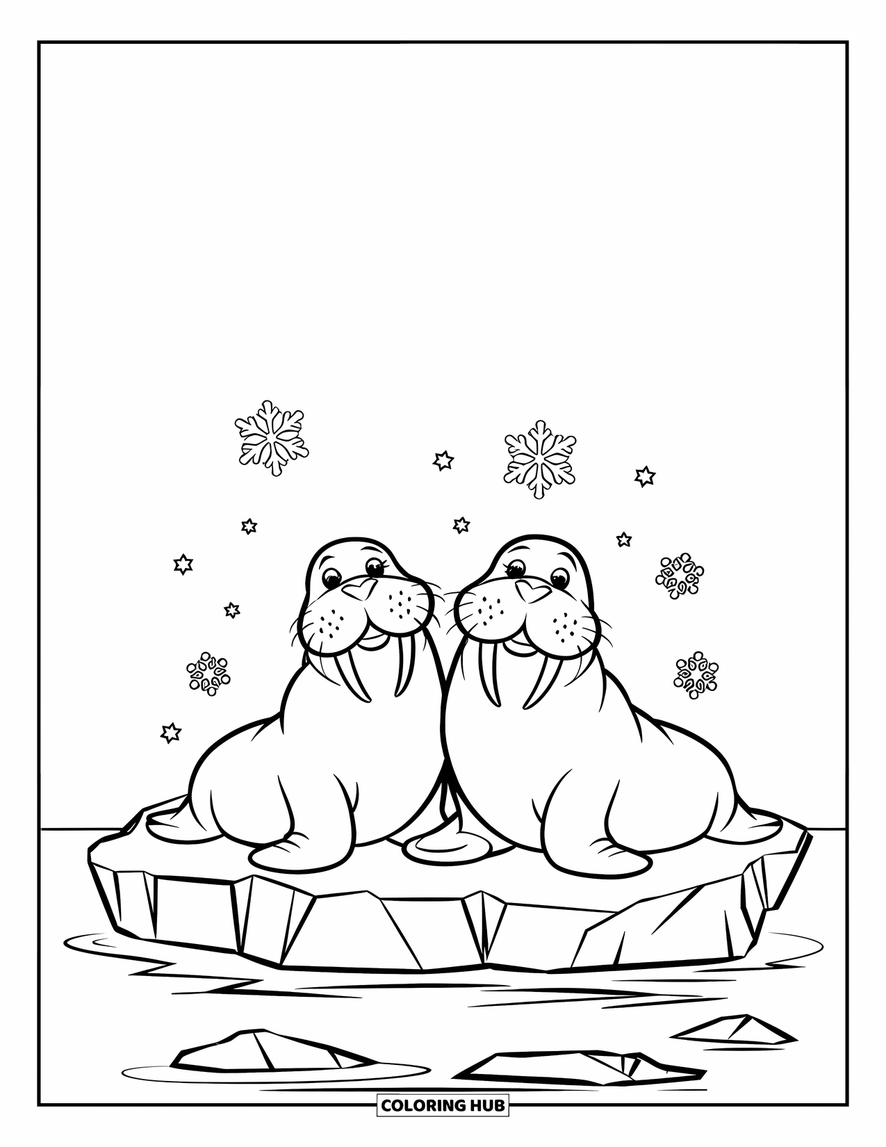Walrus Coloring Page for Kids: Two walruses enjoy a snowy day on a cracked iceberg