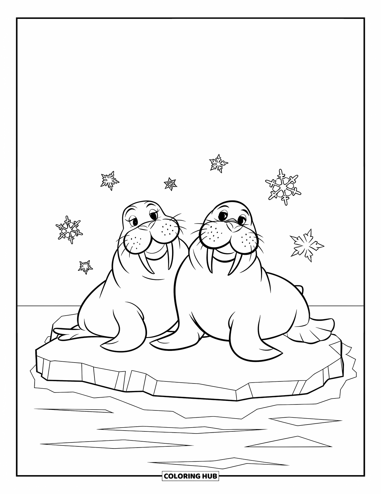 Walrus Coloring Page for Kids: Two walruses sunbathe together on a chilly iceberg with falling snowflakes