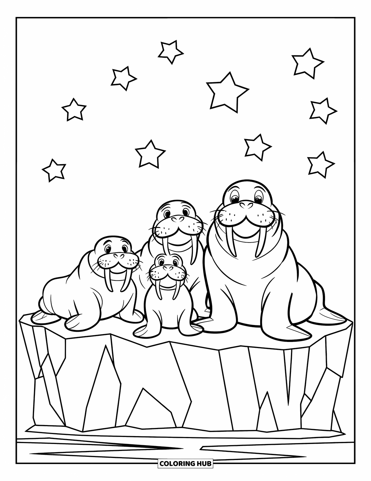 Walrus Coloring Page for Kids: Walrus family relaxing together on a big iceberg under the stars