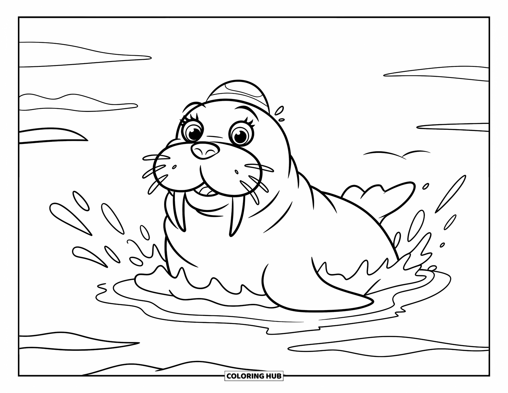 Walrus Coloring Page for Kids: Walrus in a little hat splashes in a peaceful sea