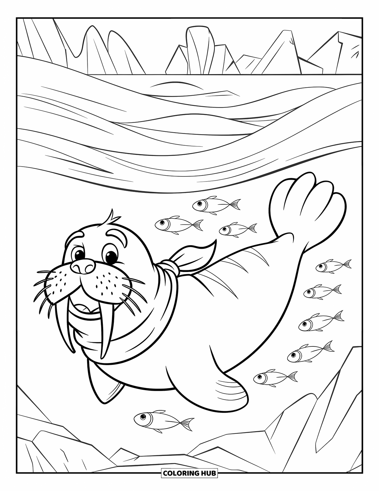 Walrus Coloring Page for Kids: Walrus in a scarf swims with a line of curious fish