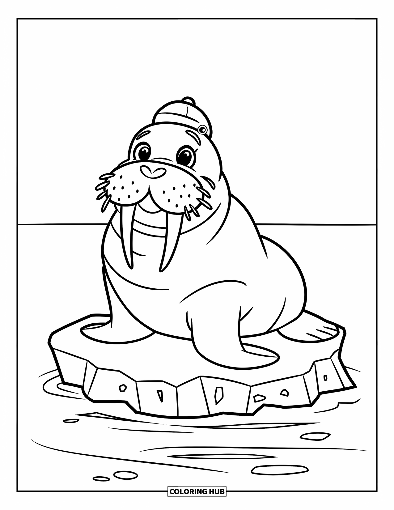 Walrus Coloring Page for Kids: Walrus in a tiny hat smiles while sitting on an iceberg