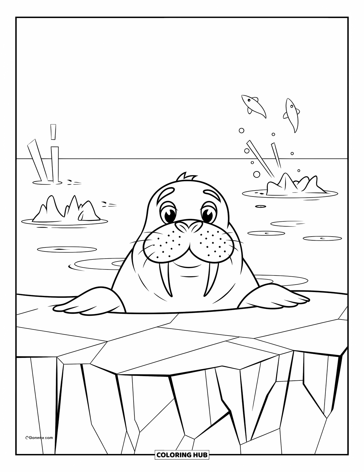 Walrus Coloring Page for Kids: Walrus peeks over a cracked iceberg as fish jump from the sea