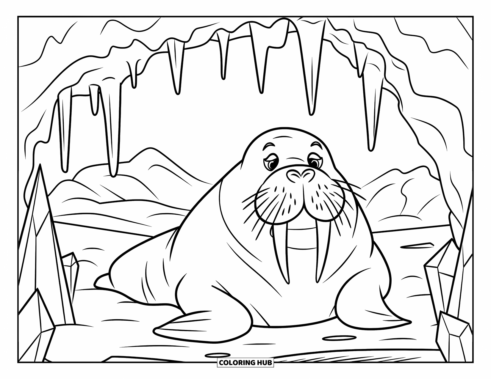 Walrus Coloring Page for Kids: Walrus resting inside an icy cave filled with crystals and icicles