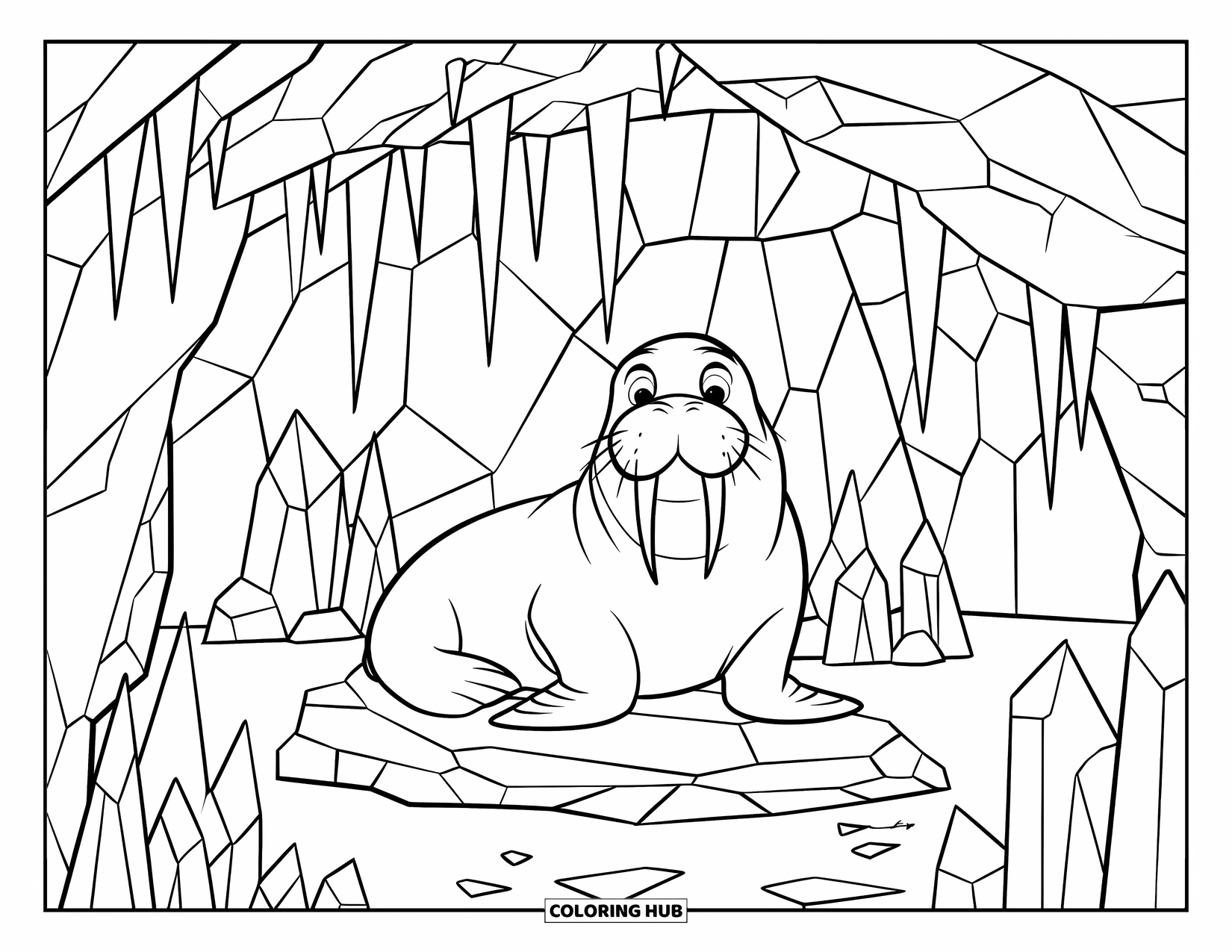Walrus Coloring Page for Kids: Walrus sitting calmly inside a rocky cave covered with crystals