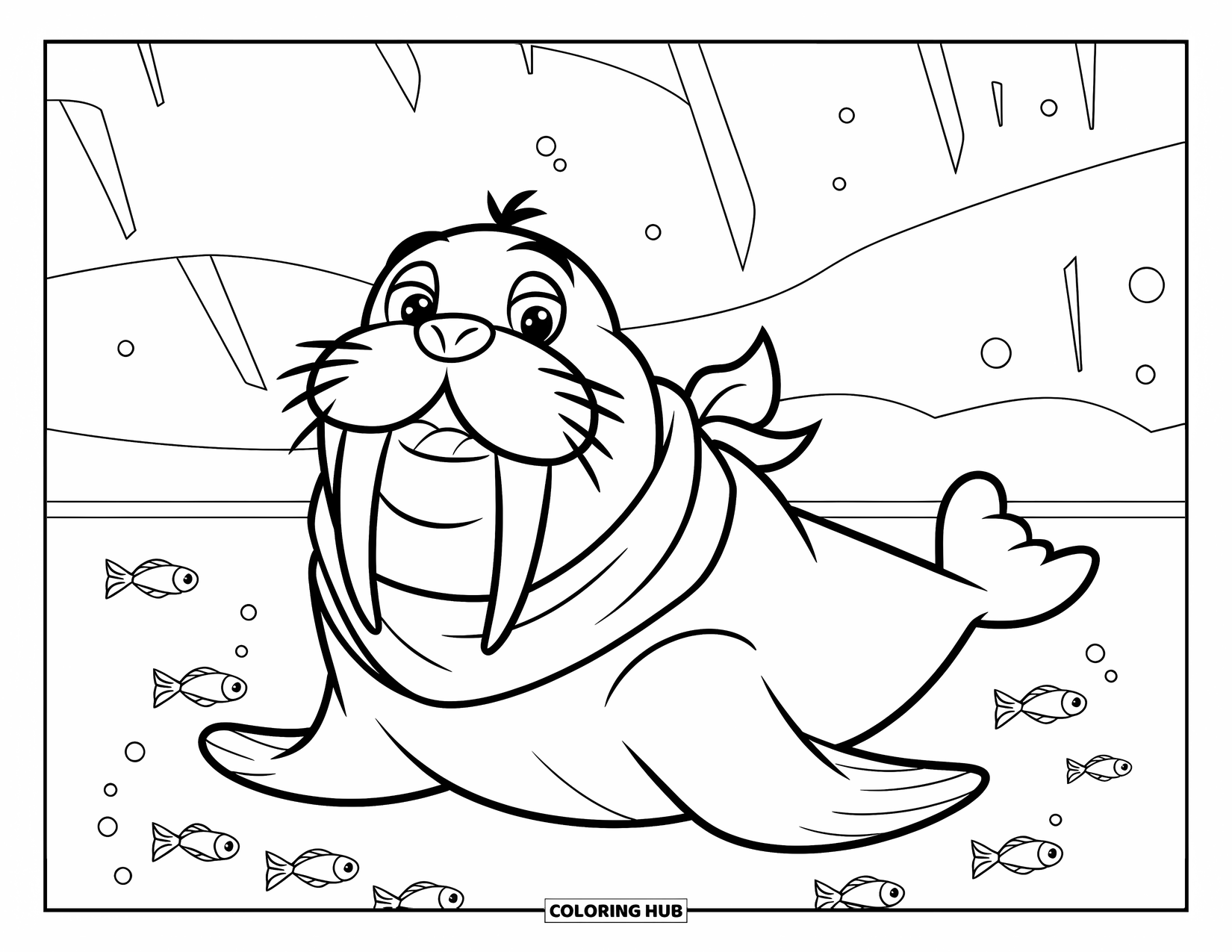 Walrus Coloring Page for Kids: Walrus wearing a scarf, swimming with fish under the northern lights