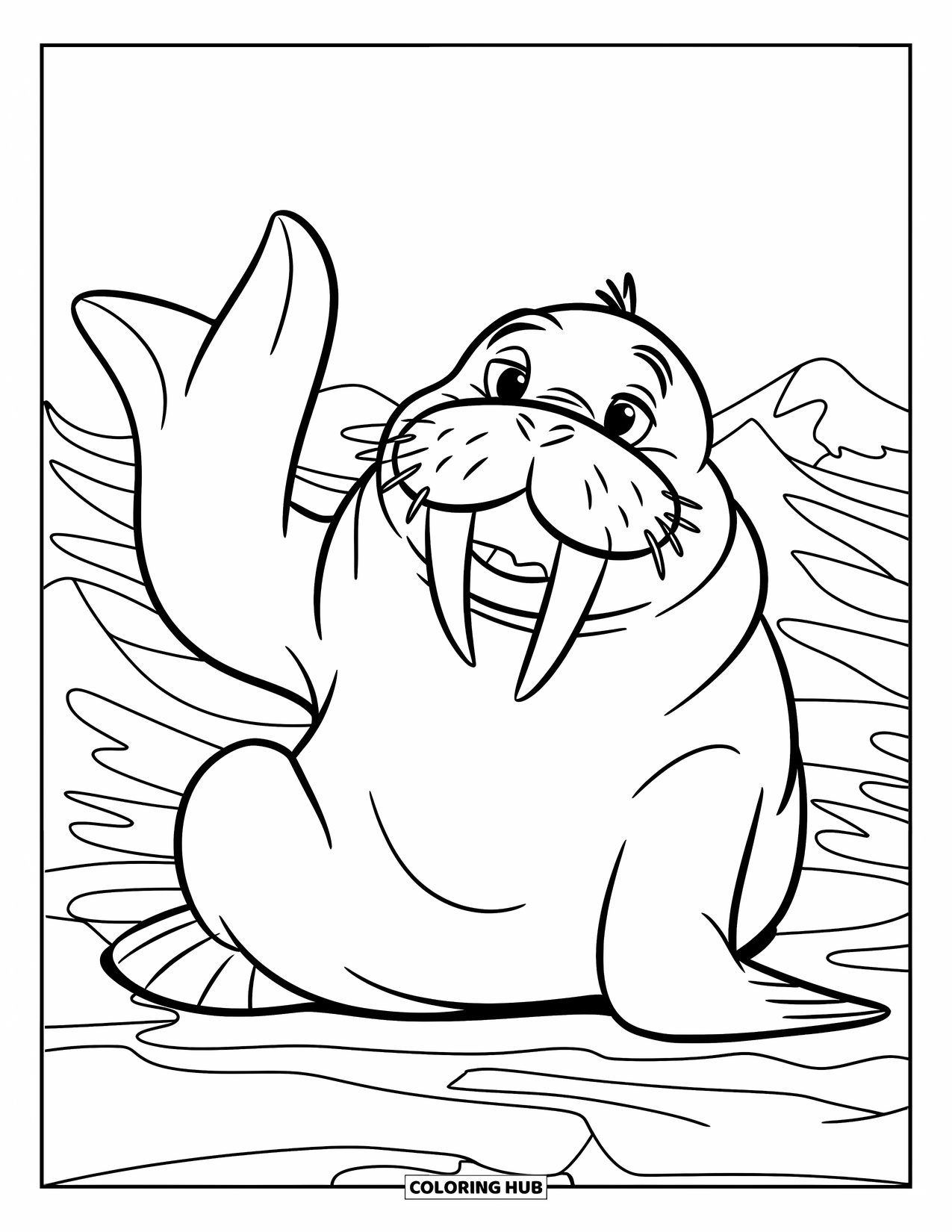 Walrus Coloring Page for Kids: Walrus with a happy face waves beside the ocean