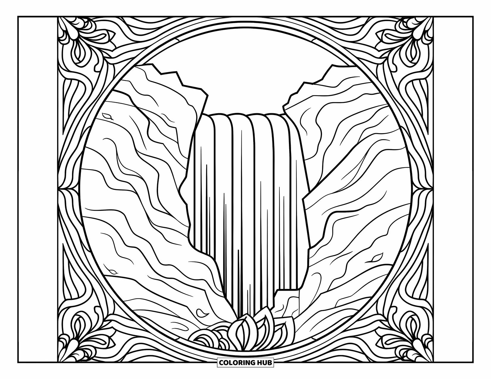 Waterfall Coloring Page for Adults: A bold waterfall cuts through rock, encircled by floral mandalas and ornate borders