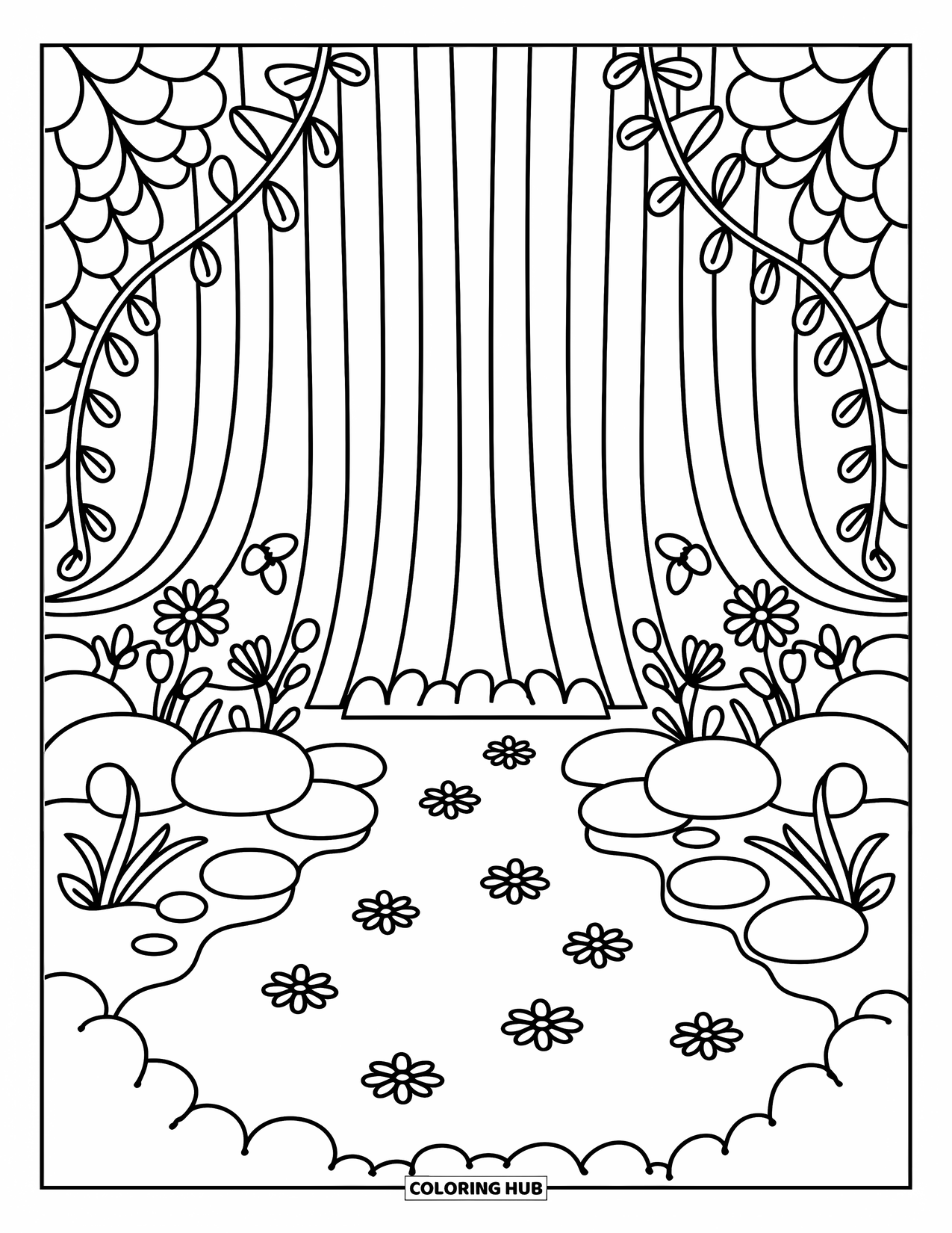Waterfall Coloring Page for Adults: A dreamy waterfall hides behind vines and petals with spirals and soft cloud-like edges