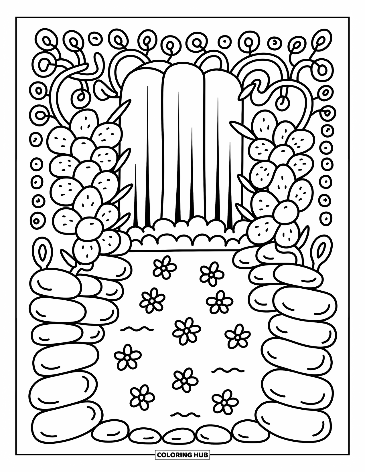 Waterfall Coloring Page for Adults: A hidden waterfall flows behind hanging flowers and vines into a dreamy scalloped shore