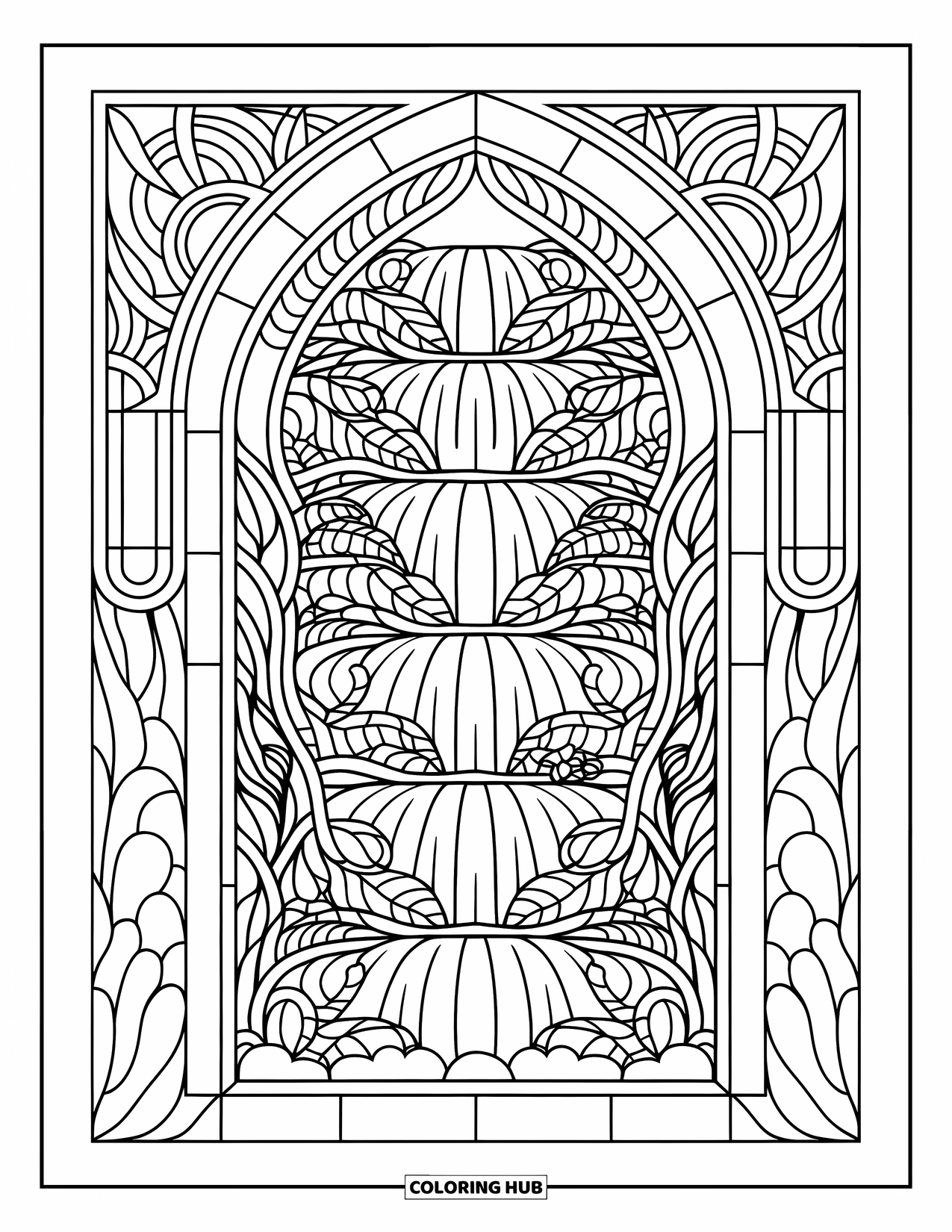 Waterfall Coloring Page for Adults: A jungle waterfall cascades through vines and leaves inside a stained-glass arch