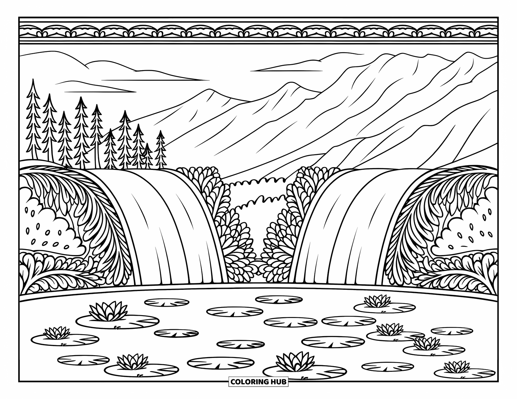 Waterfall Coloring Page for Adults: A peaceful pair of waterfalls flow into a pond, framed by trees, lilies, and mountains