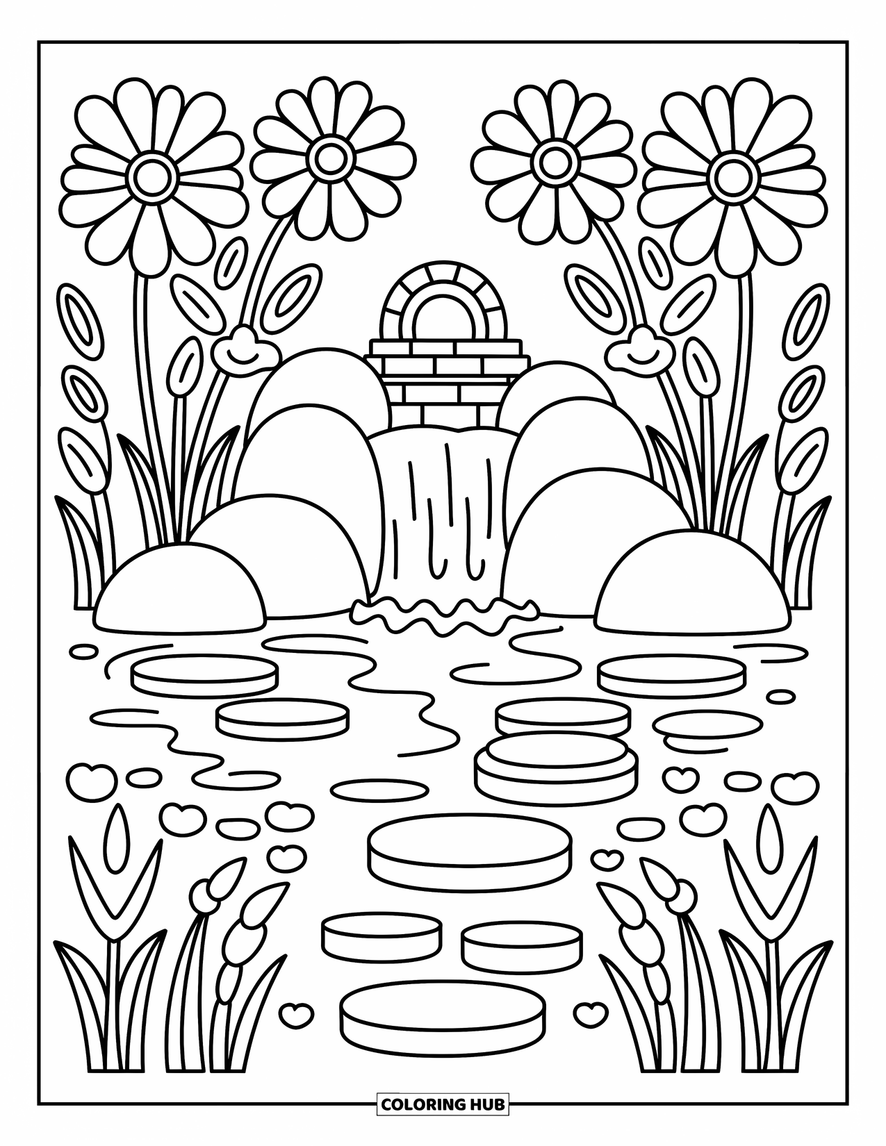 Waterfall Coloring Page for Adults: A peaceful stream flows past swirly grass, flowers, and a tiny bridge above the falls
