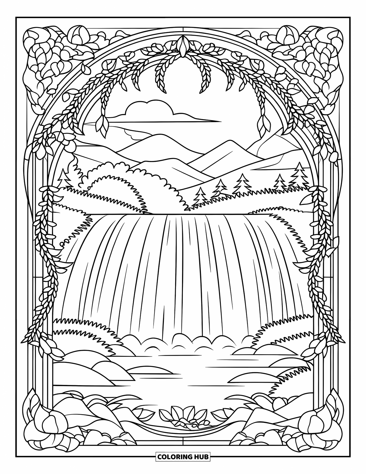 Waterfall Coloring Page for Adults: A rocky waterfall flows beneath a stained-glass border of petals, vines, and plants
