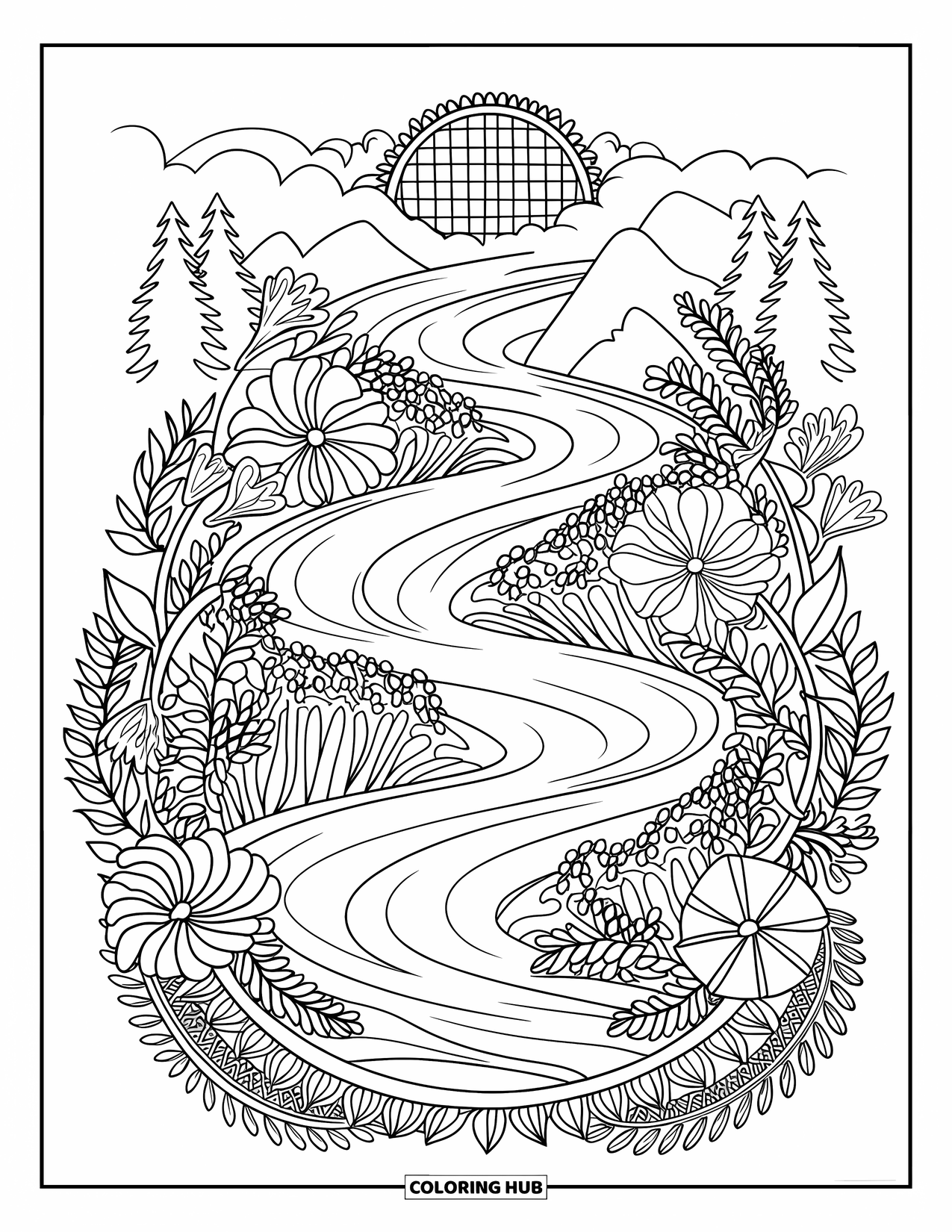 Waterfall Coloring Page for Adults: A spiral waterfall flows through wildflowers, ferns, and a delicate mandala design