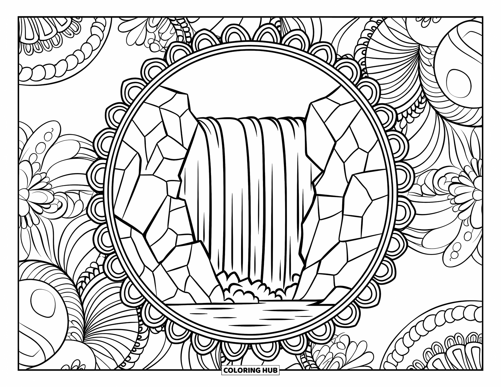 Waterfall Coloring Page for Adults: A tall waterfall carves through rocks, surrounded by floral mandalas and swirling patterns
