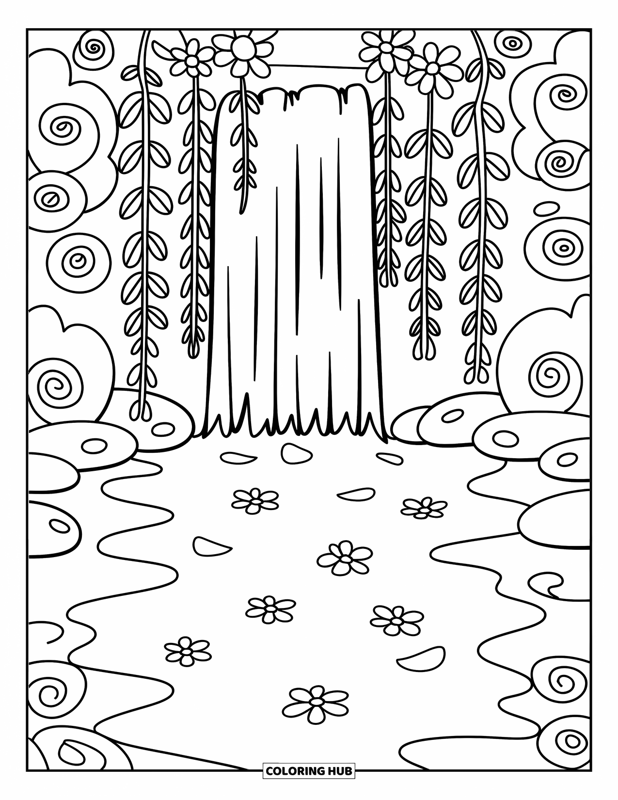 Waterfall Coloring Page for Adults: Curtain-like vines and petals frame a peaceful waterfall with spiral leaves and soft stones