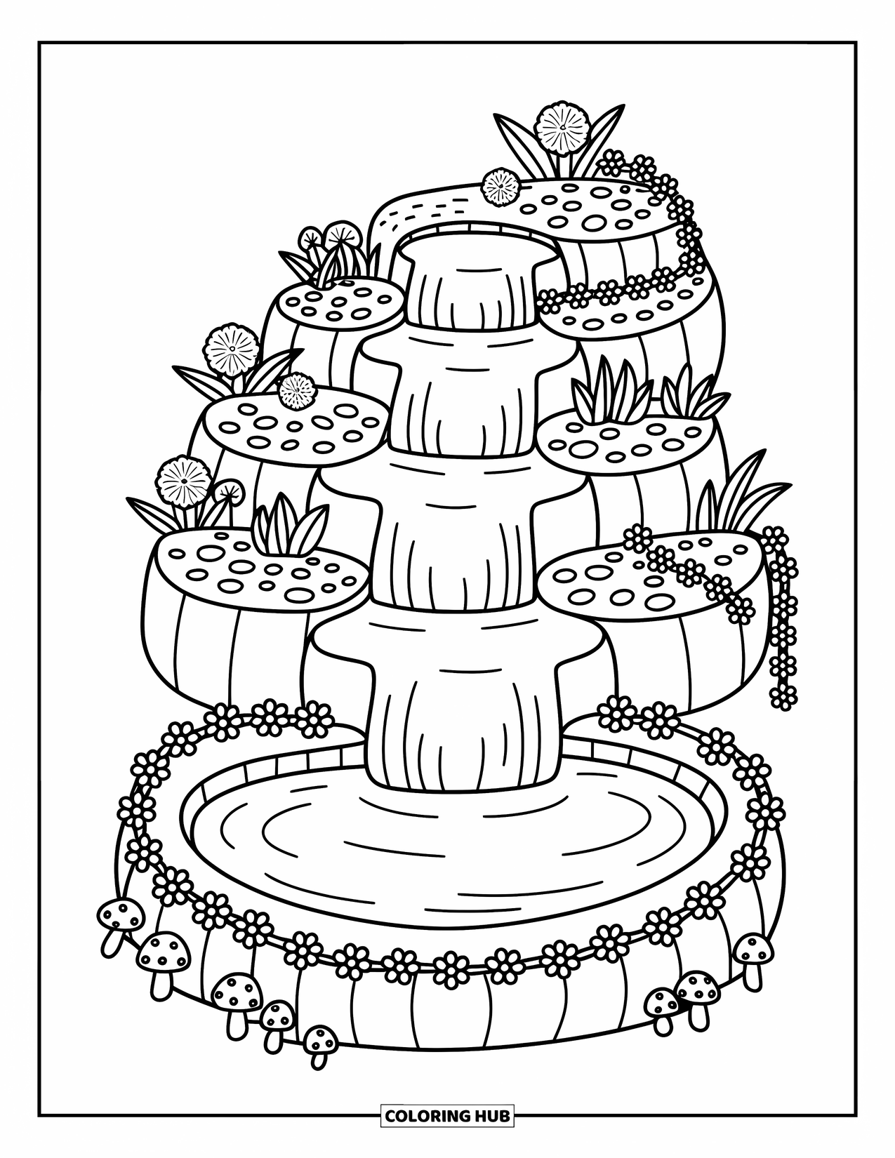 Waterfall Coloring Page for Adults: Floral waterfalls cascade in curls down soft cliffs into a peaceful mushroom-ringed pond
