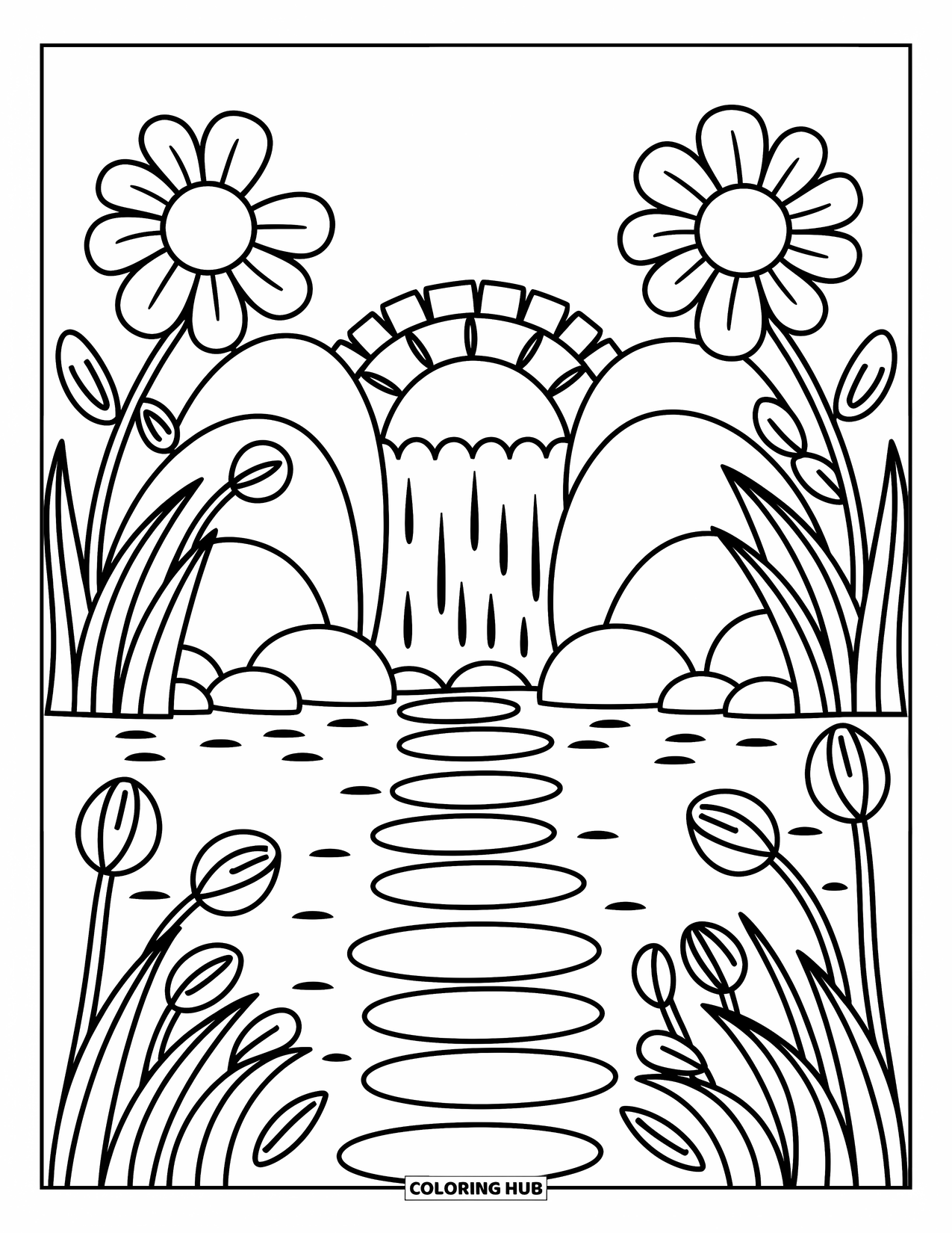 Waterfall Coloring Page for Adults: Stepping stones lead past oversized flowers and a soft waterfall toward a little arched bridge