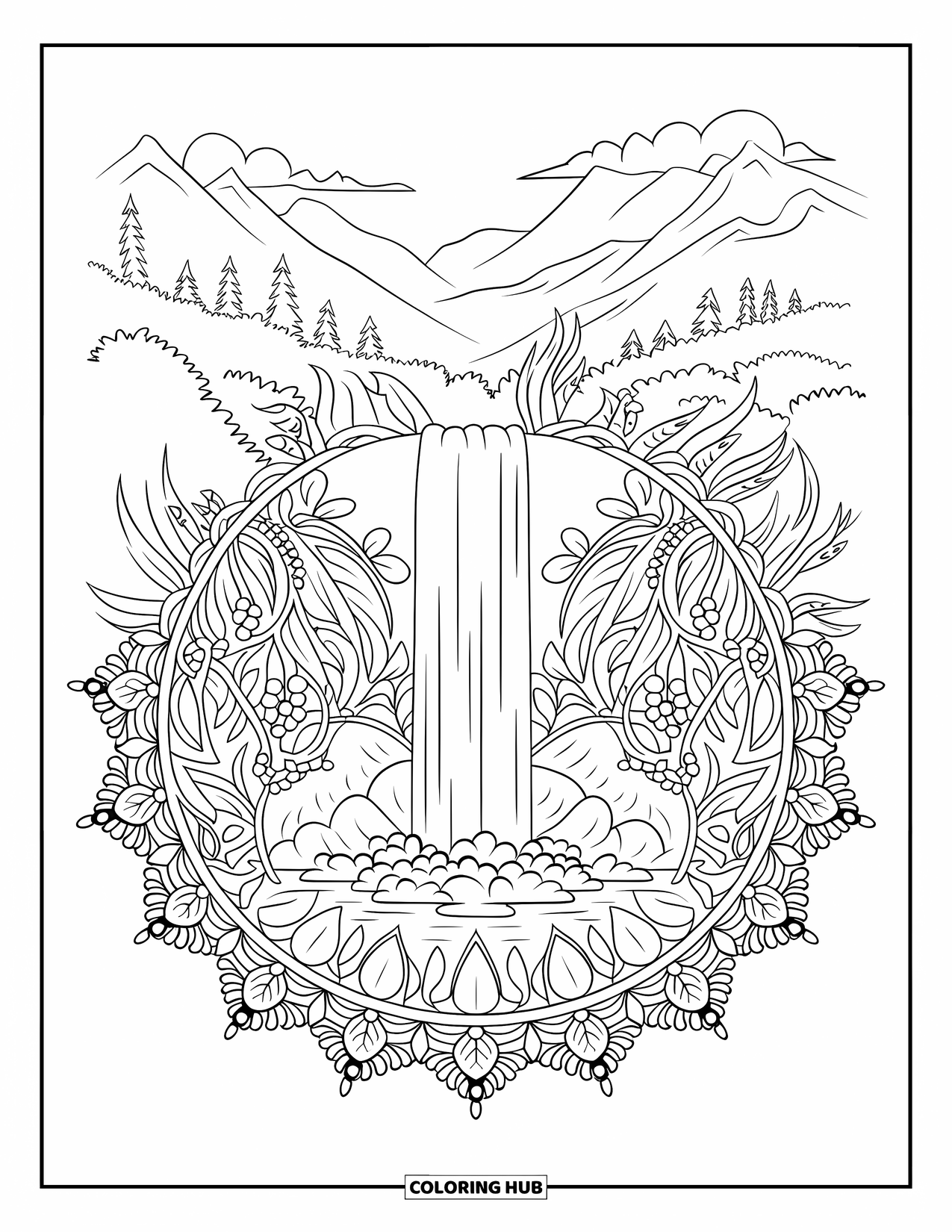 Waterfall Coloring Page for Adults: Tall waterfall flows through a mandala ring of leaves, flowers, and winding vines