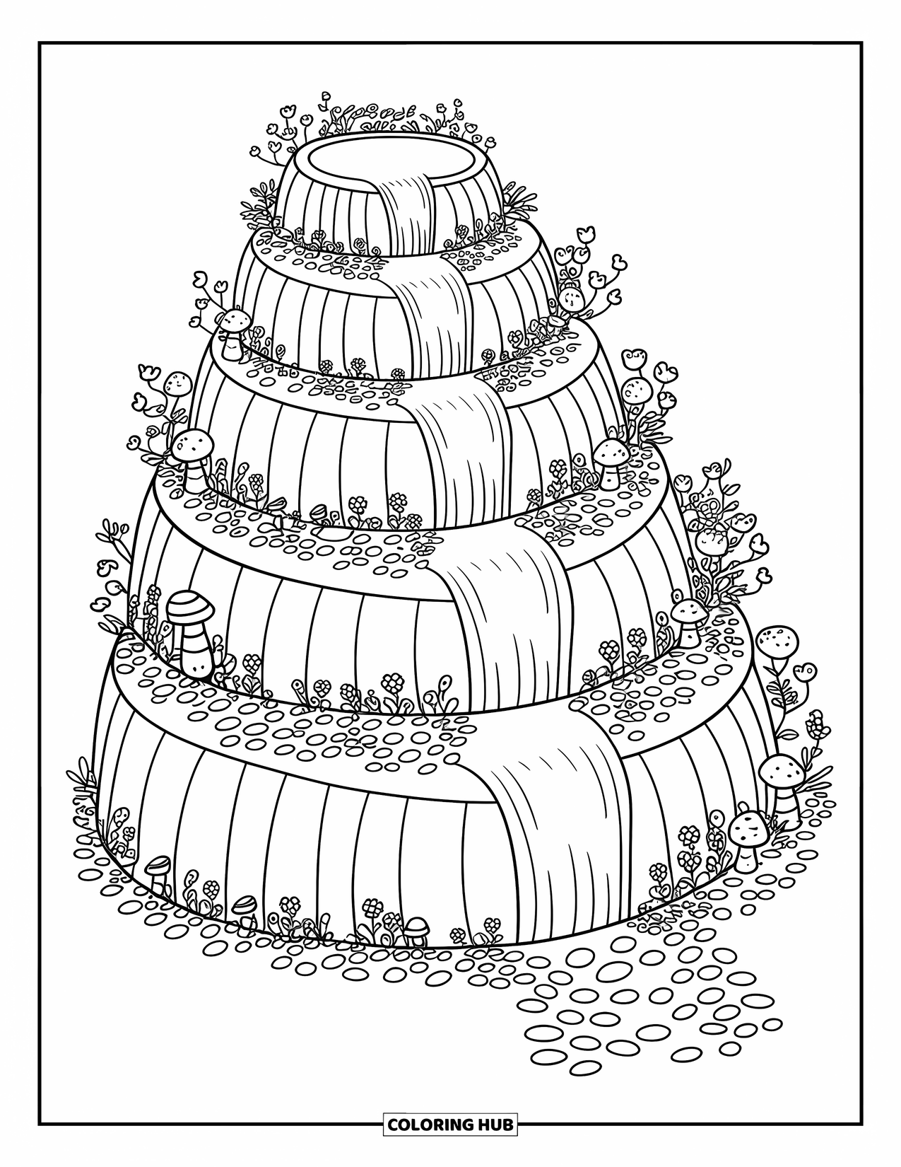 Waterfall Coloring Page for Adults: Three soft waterfalls cascade down flower-lined cliffs into a pool with mushrooms and vines