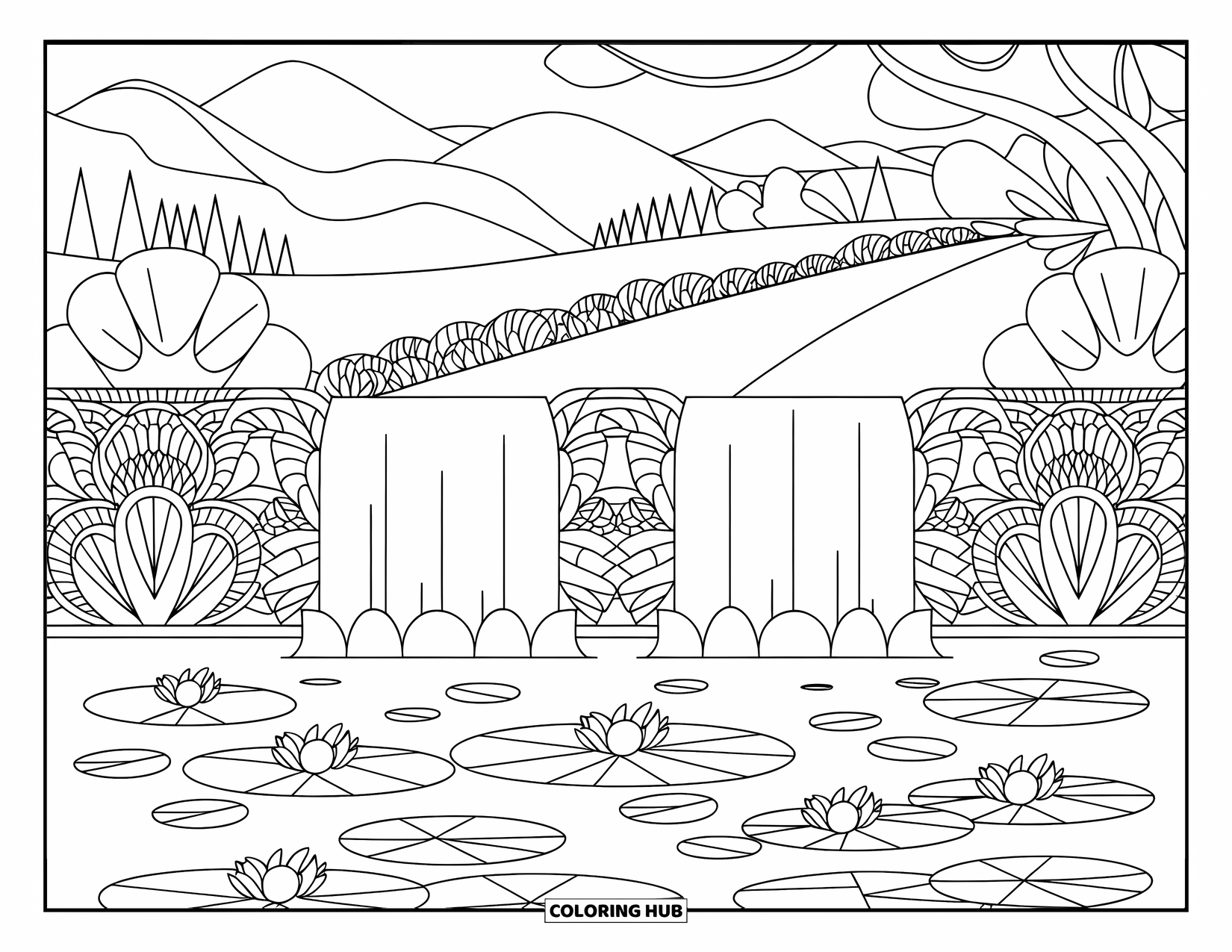 Waterfall Coloring Page for Adults: Twin waterfalls pour into a lily-filled pool surrounded by detailed trees and mountain views