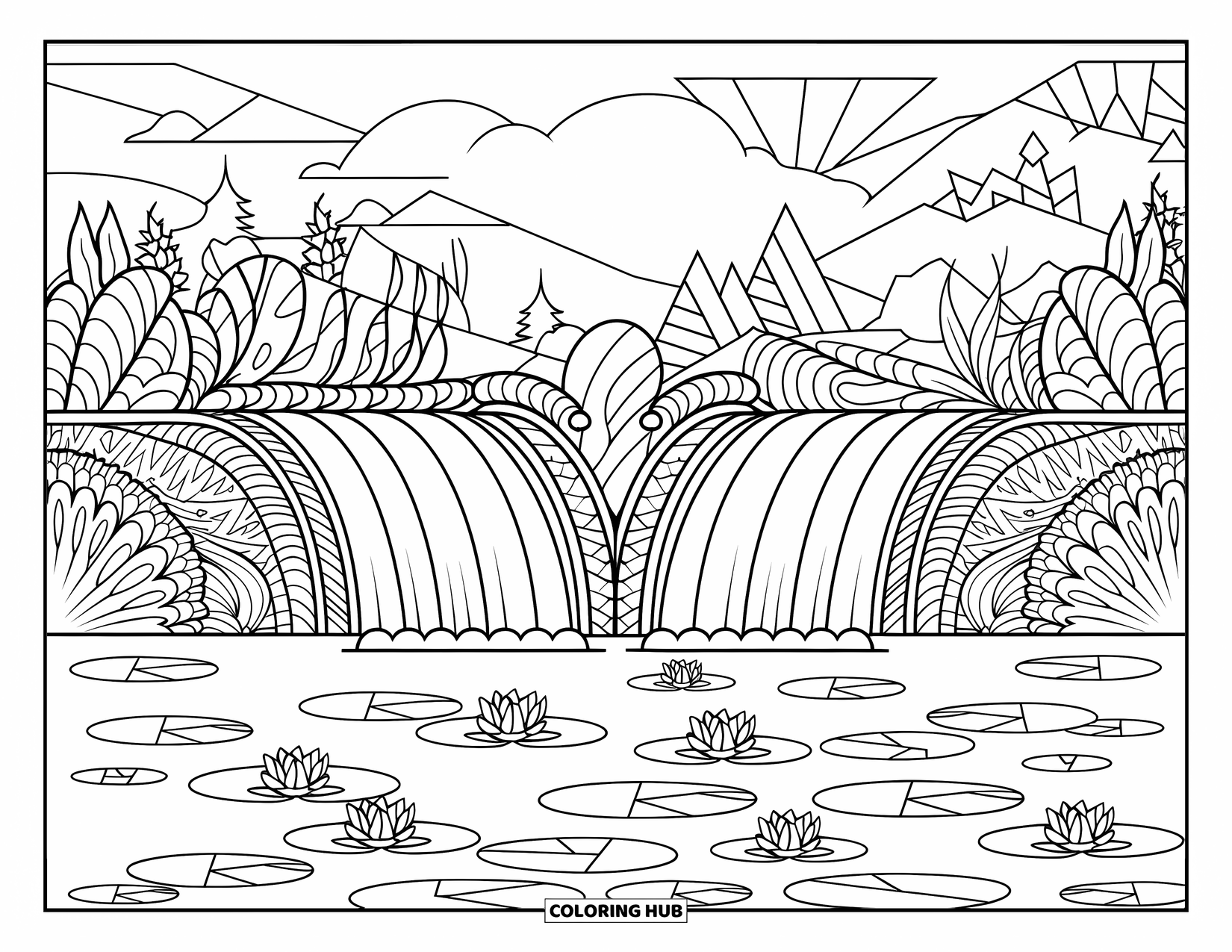 Waterfall Coloring Page for Adults: Two waterfalls flow into a calm pond with lilies and ornate forest details all around