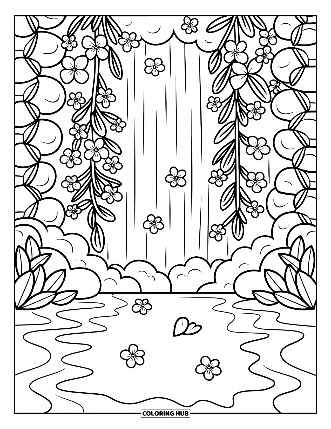 Waterfall Coloring Page for Adults: Water falls behind blooming vines and floats petals toward a soft, scalloped shore
