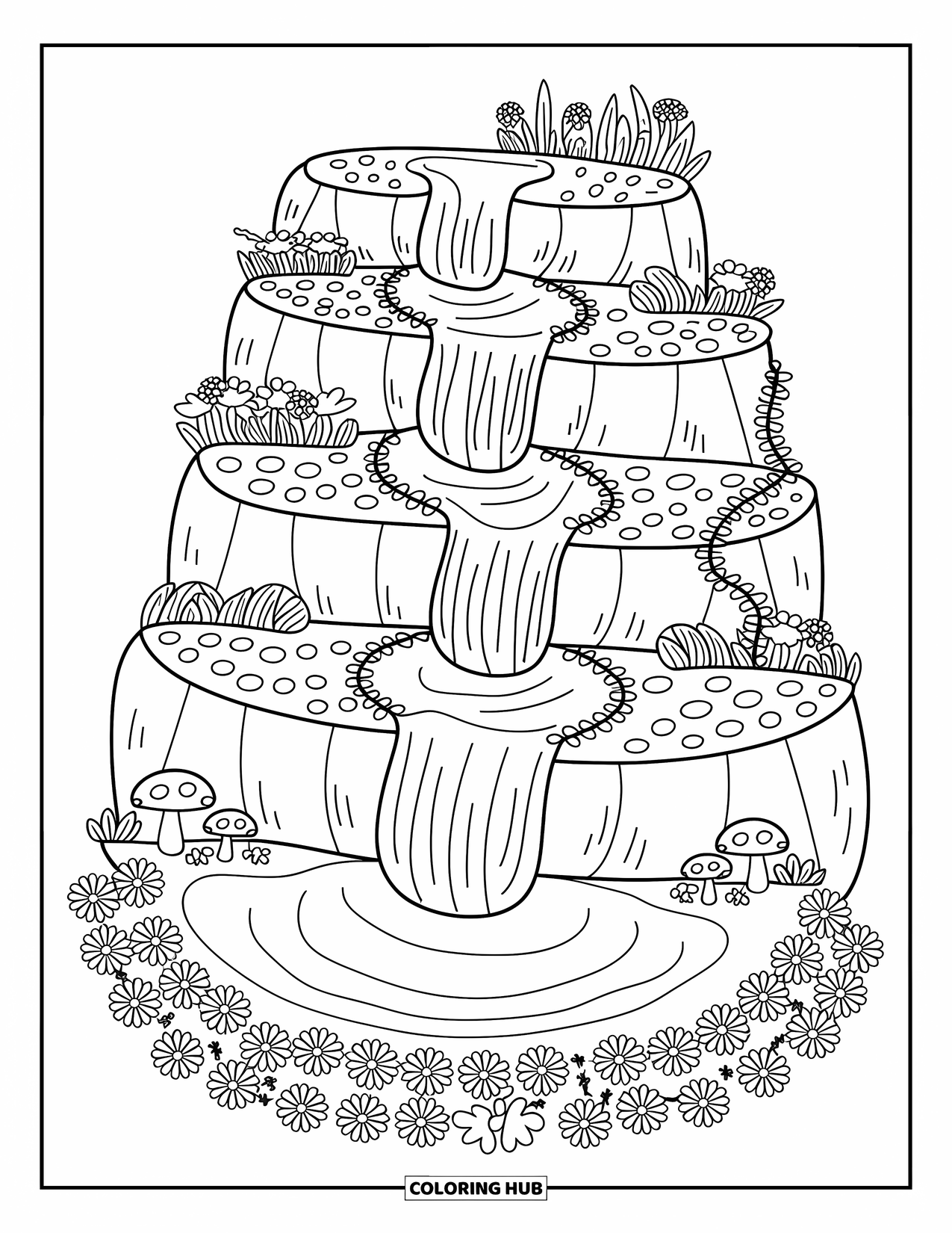 Waterfall Coloring Page for Adults: Water flows down floral terraces with vines, mushrooms, and curly pebble paths